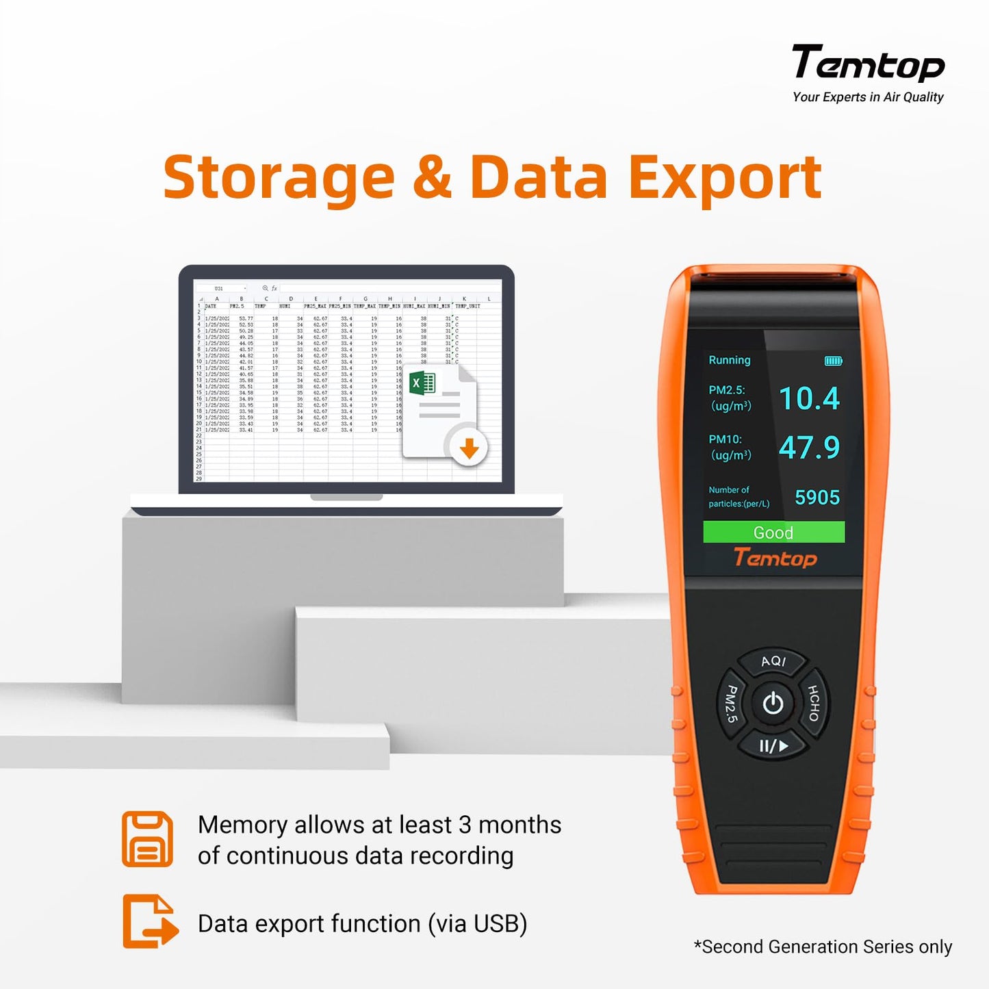 Temtop Air Quality Monitor Professional PM2.5 PM10 Particle Counter, Formaldehyde, Temperature, Humidity, AQI Tester for Indoor/Outdoor Air Pollution Detection w/Data Export