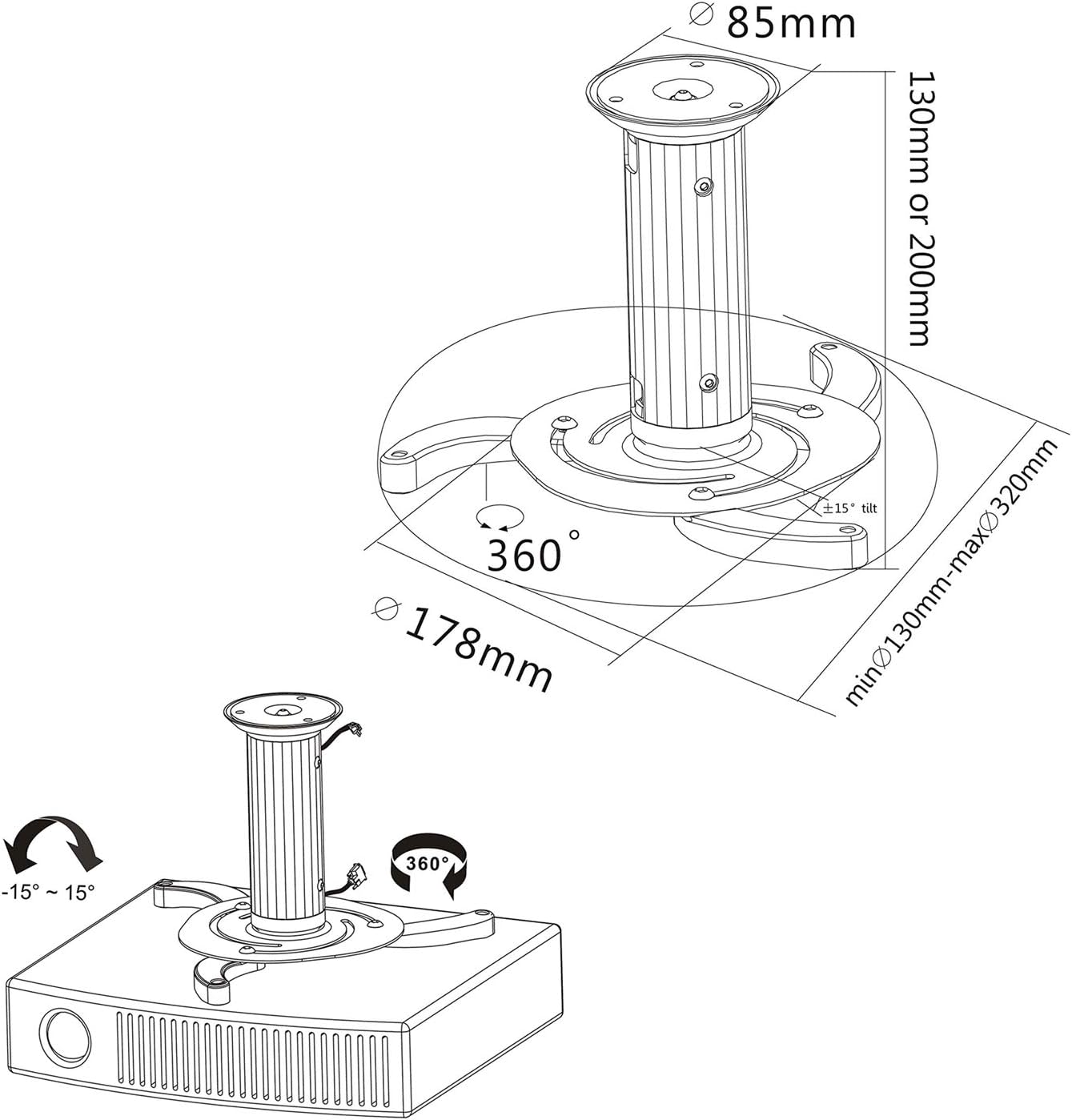 Cmple 360 22lbs - Universal Adjustable Ceiling Projector Mount, Degree Swivel Rotatable Projector Bracket - Max