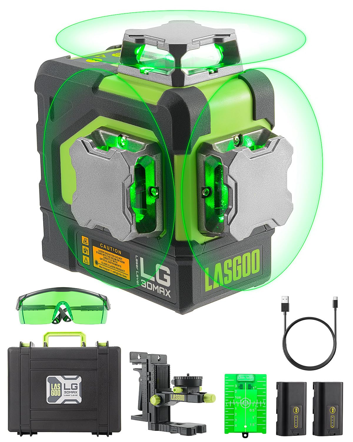 LasGoo LG-3DMAX 3x360° Green Laser Level, 3D Self-Leveling Cross Line Laser with 2 Rechargeable Lithium Batteries, Fine-Tuning Bracket Adapter, Green Laser Enhancement Glasses, and Hard Carrying Case