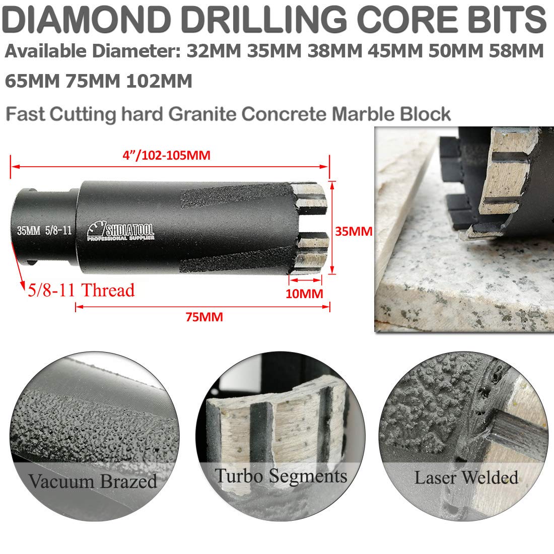 SHDIATOOL Diamond Drill Core Bits Set Diameter 20 25 35 45 65mm with 5/8-Inch-11 Thread for Hard Granite Marble