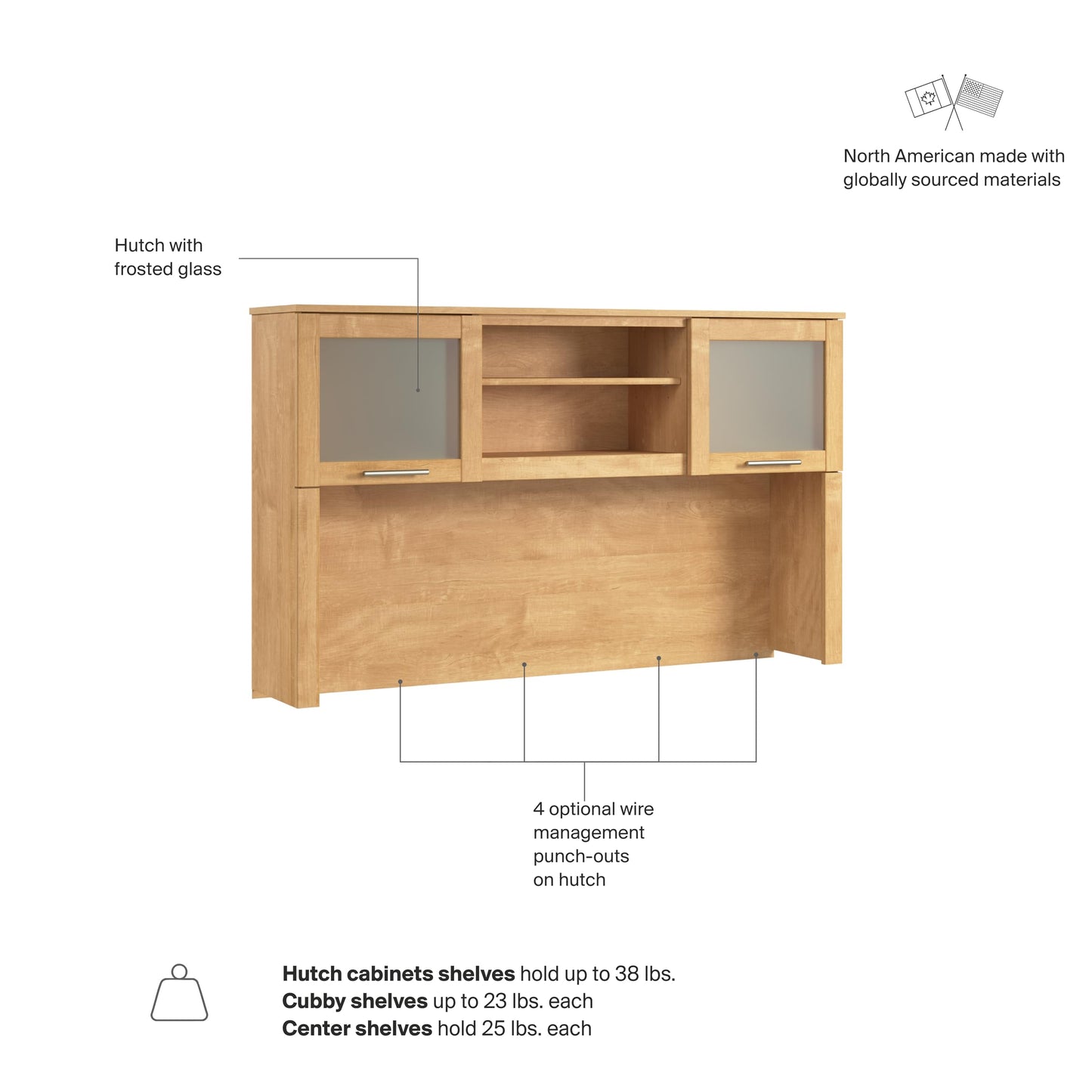 Bush Home 60-Inch Desk Hutch, Office Storage Organizer with Shelves, Cubbies and Frosted Glass Doors for Computer Desk, Home Office Furniture, Somerset Collection, Maple Cross