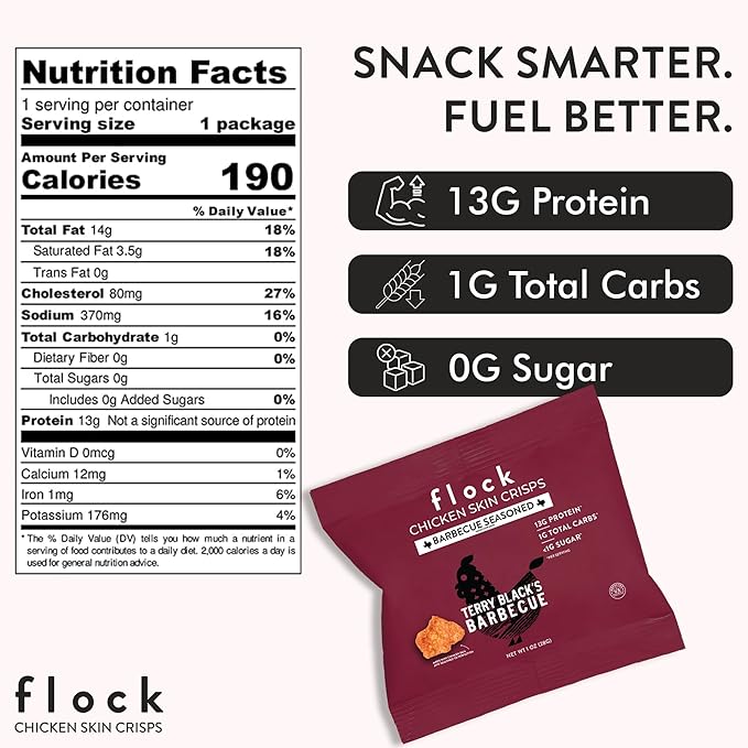 Flock Keto Chicken Skin Chips | Terry Black's BBQ Flavor | Low Carb, High Protein, Sugar Free, Gluten Free Fried Chicken Skins for People | (1oz) 8-Pack Crispy Flock Chips
