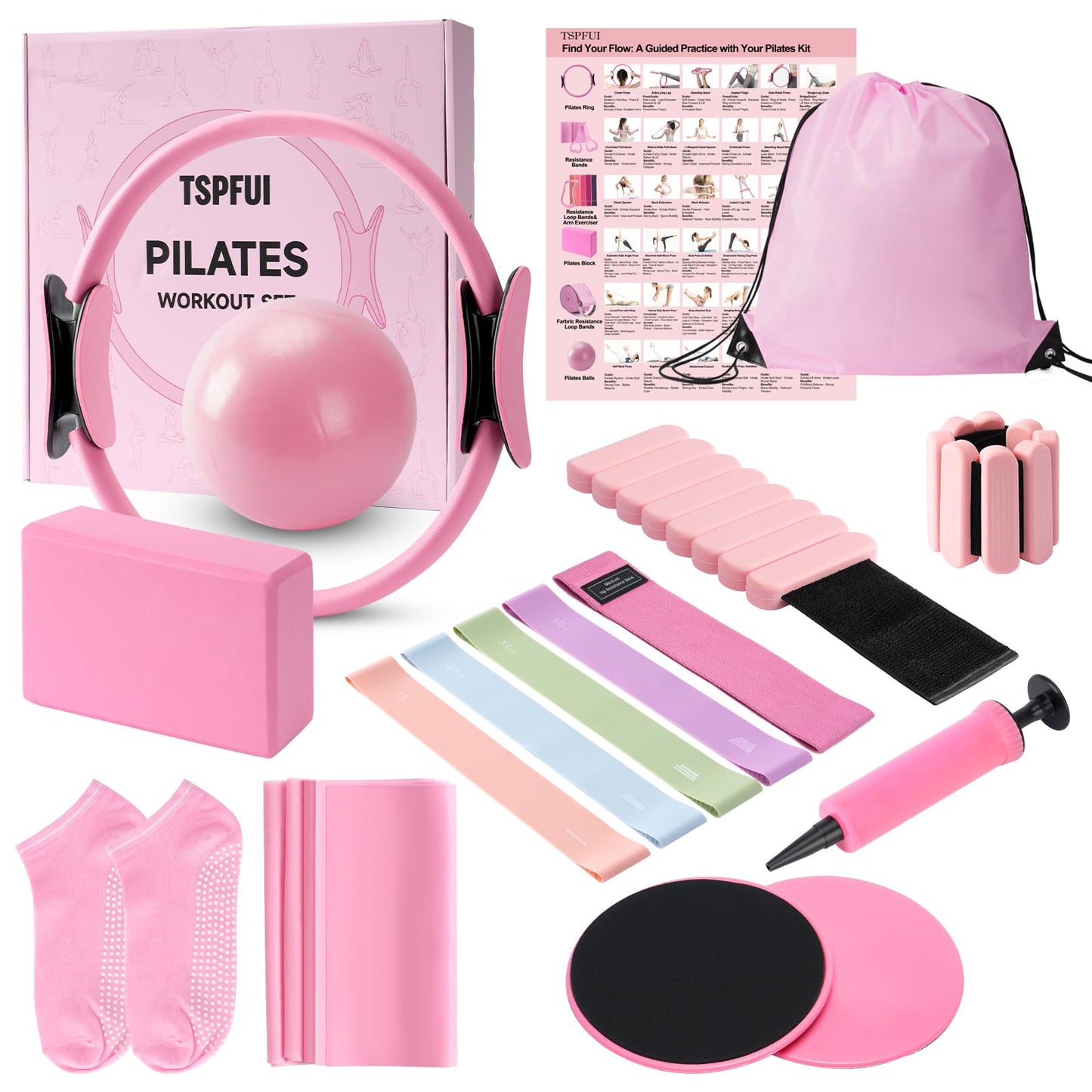 TSPFUI Pilates Kit, Home Pilates Workout Kit for Women, Pilates Equipment with Pilates Ring and Ball, Yoga Block & 5 Resistance Bands, Ankle Weights, Sliders & Grip Socks, Workout Guide Included