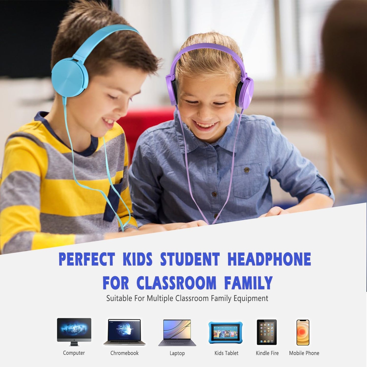 2 Pack Headset K-12 Kids Headphones for School Classroom, Wired Computer Online Learning for Students, Durable Soft