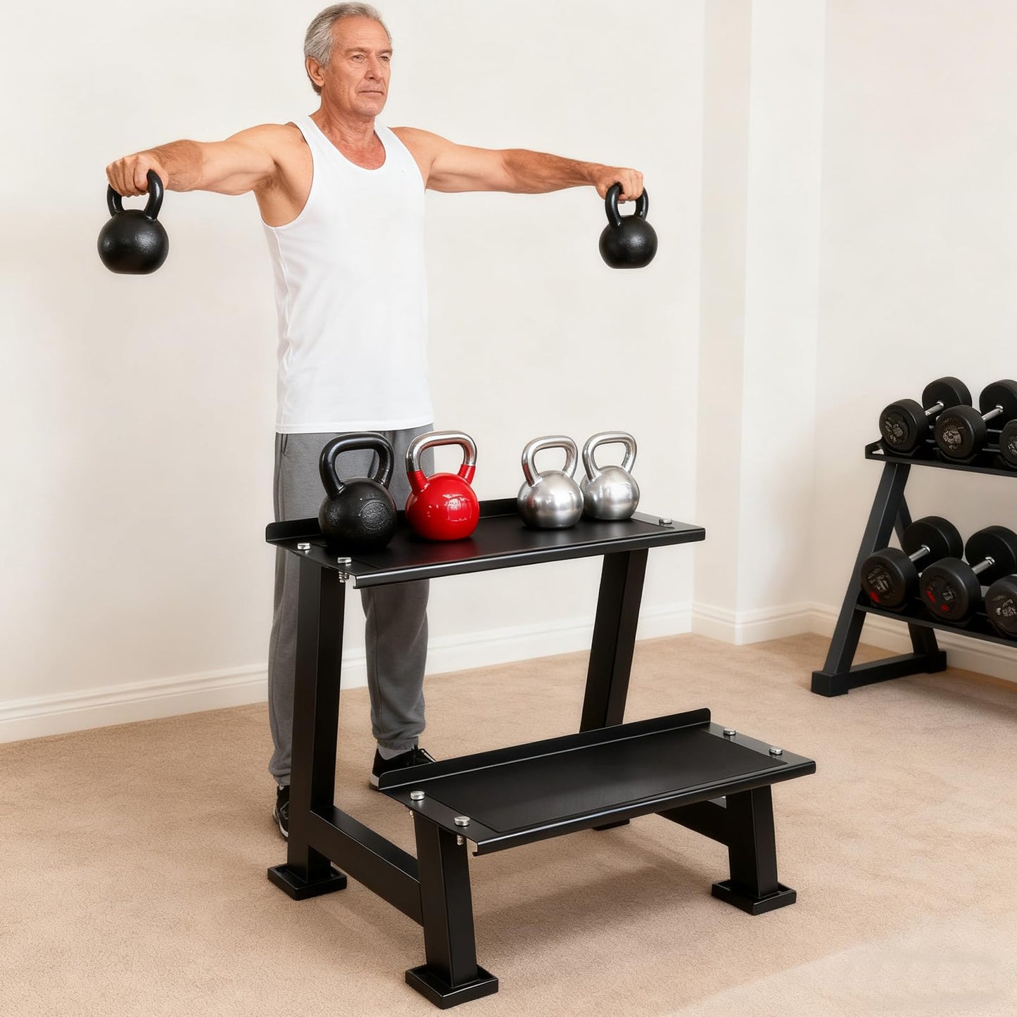 AUXHDK Kettlebell Storage Rack with Anti-Slip Pads, 2-Tier Weight Racks, Kettlebell Stand, Dumbbell and Kettlebell Rack for Home Gym Use