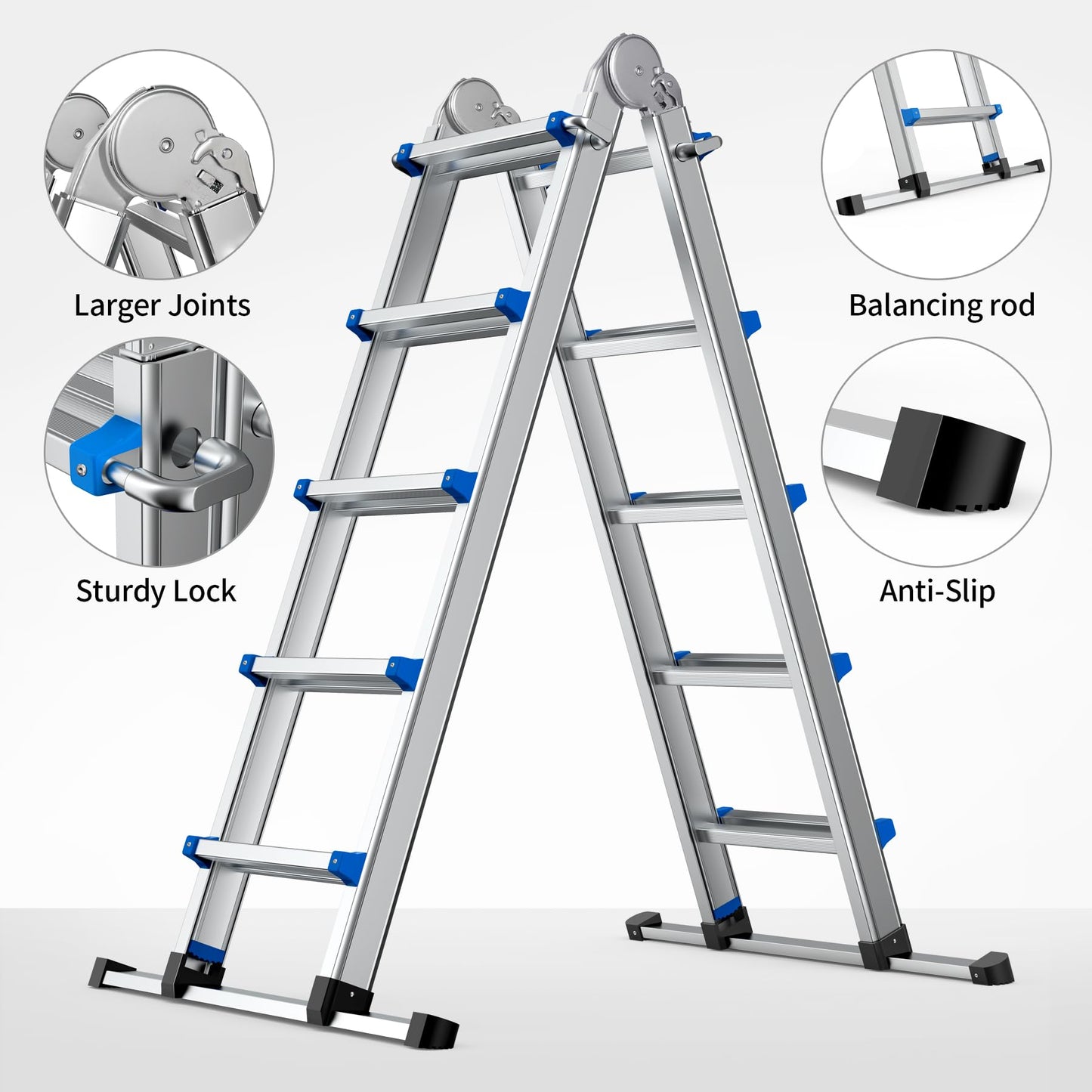 13.5FT Aluminum Foldabl Extension Ladder - Heavy-Duty A-Frame Adjustable Design for Home & Work, 330lbs Capacity, Retractable System with Safety Lock