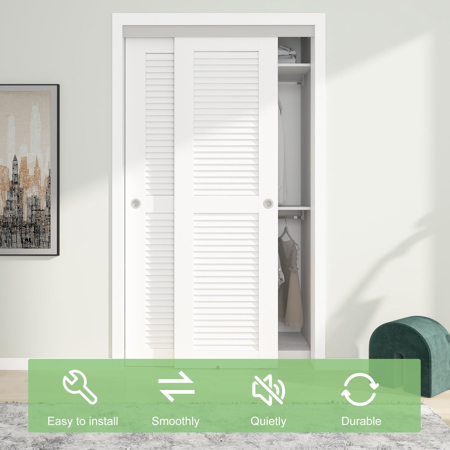 BarnBase 4FT/48" Bypass Door Hardware, Aluminum Double-Closing Sliding Closet Door Hardware with Finger Pull Included, Smoothly and Quietly, Fit Door Thickness 1 3/8" or 1 3/4", Silver