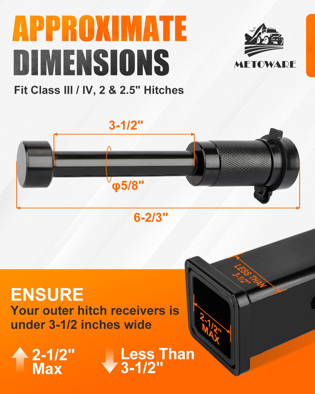 METOWARE Trailer Hitch Lock, Locking Hitch Pin-Fits 2" & 2.5" Receiver with 5/8" Dia 3-1/2" Long Pin,Receiver Lock for Class III IV Hitches, Anti-Theft Trailer Hitch Pin with Anti-Rattle O-Rings,Black
