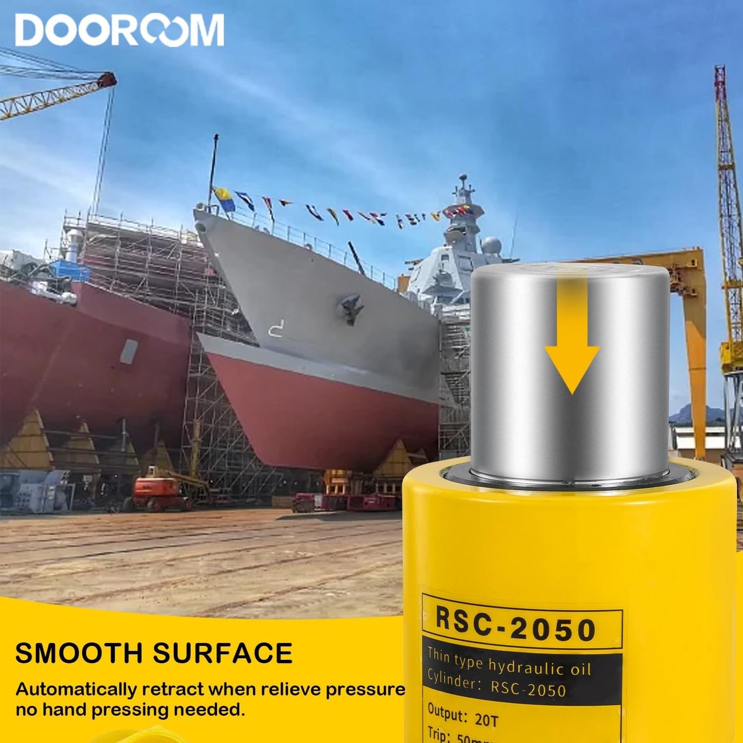 DOOROOM 20 Ton Hydraulic Cylinder Jack, 2' Stroke Hydraulic Ram, Porta Power Ram Automatic Retracting Jack with CP-180, Yellow