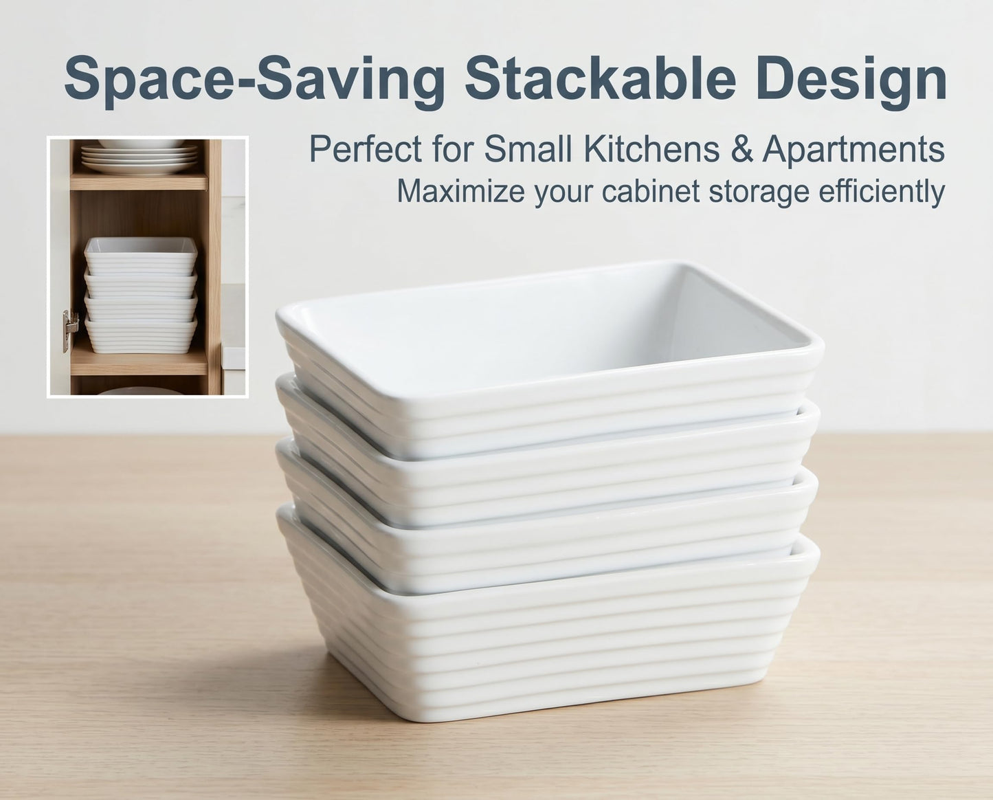 ONEMORE Small Baking Dish, Rectangle Ceramic Baking Dish for Oven, Individual Casserole Dishes for Toaster Oven, 5x7 Small Deep Lasagna Baking Dish, Oven Safe, 1-2 Person Baking Dishes Set of 4, White