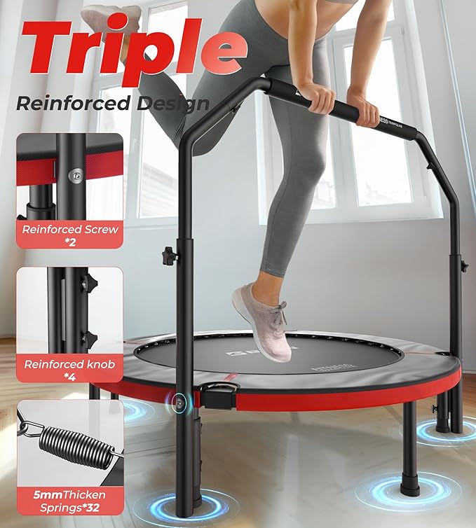 BCAN 40"/48" Foldable Mini Trampoline, Rebounder Trampoline for Adults, U/T Adjustable Foam Handle, Exercise Rebounder for Adults Indoor/Garden Workout, Max Load 330lbs/440lbs