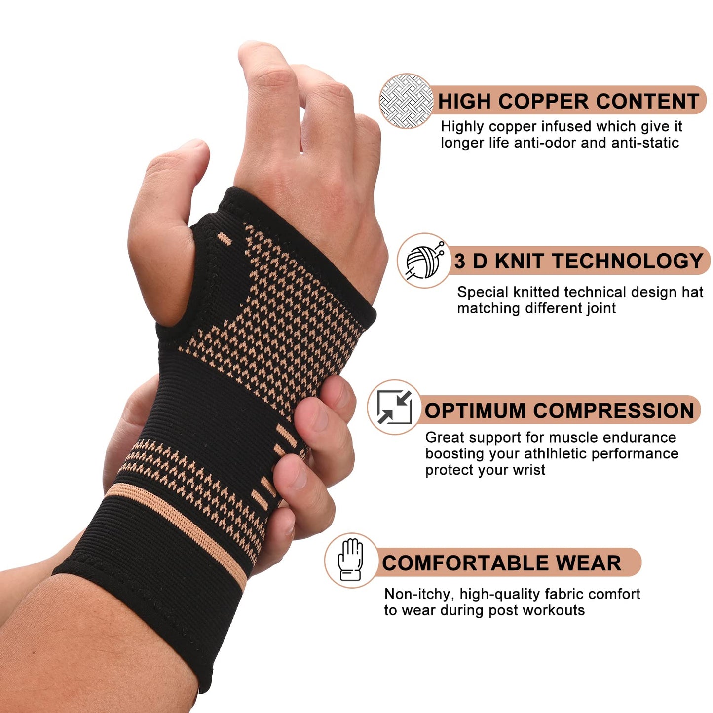 TCOOGO Copper Wrist Compression Sleeves, Comfortable and Breathable for Arthritis, Workout, Carpal Tunnel, Wrist Support for Women and Men