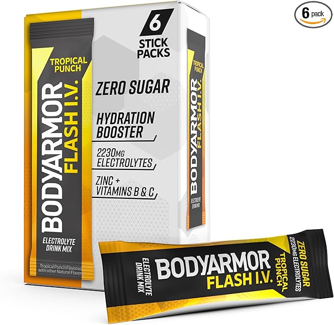 BODYARMOR Flash IV Electrolyte Packets, Tropical Punch - Zero Sugar Drink Mix, Single Serve Packs, Coconut Water Powder (6 Count)