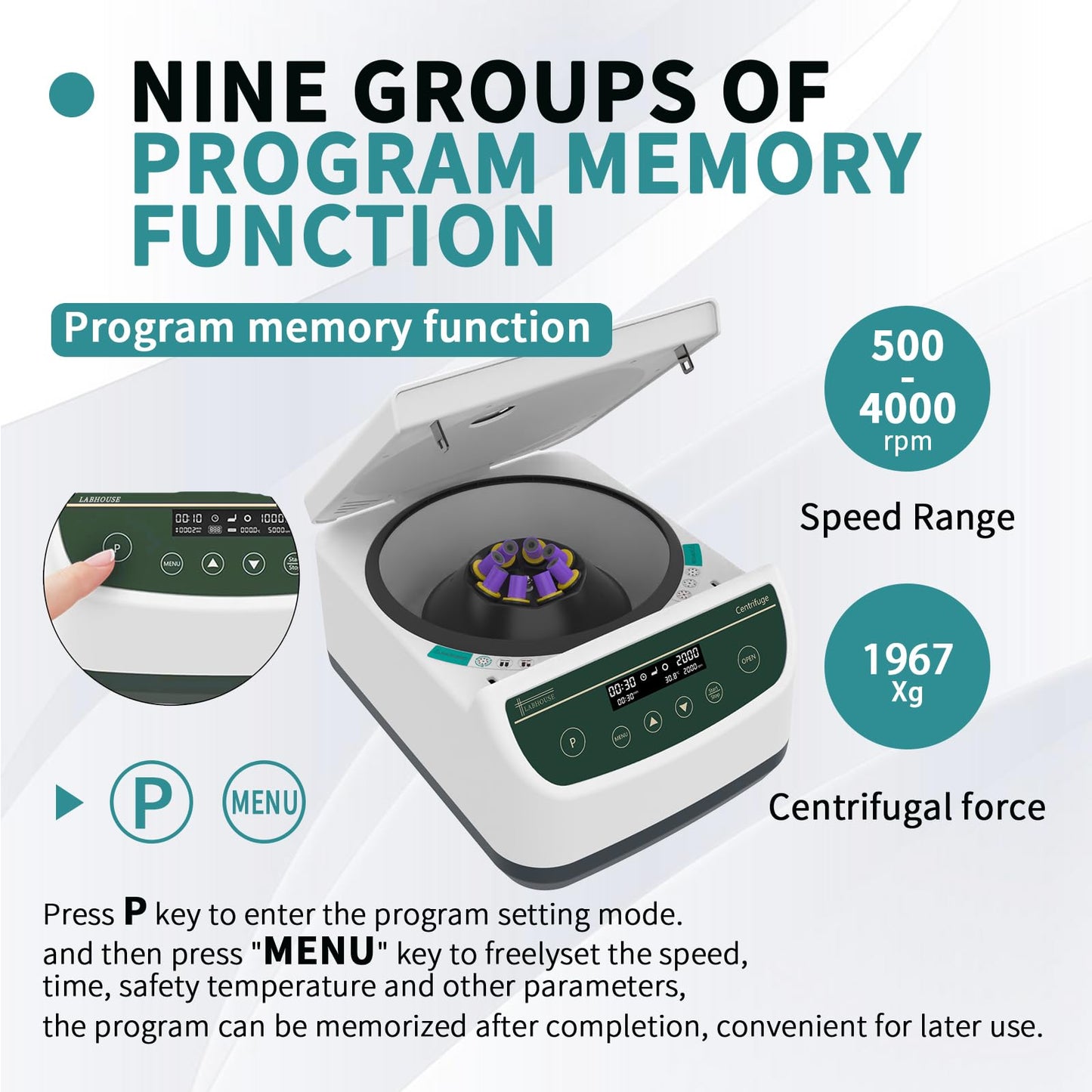 LABHOUSE Centrifuge Machine PRP PRF 2ml-5ml/10ml/15mlx8 Speed 500-4000rpm 1967xg RCF Lab Benchtop Centrifuges Store 9 Programs Timer 30sec-99min