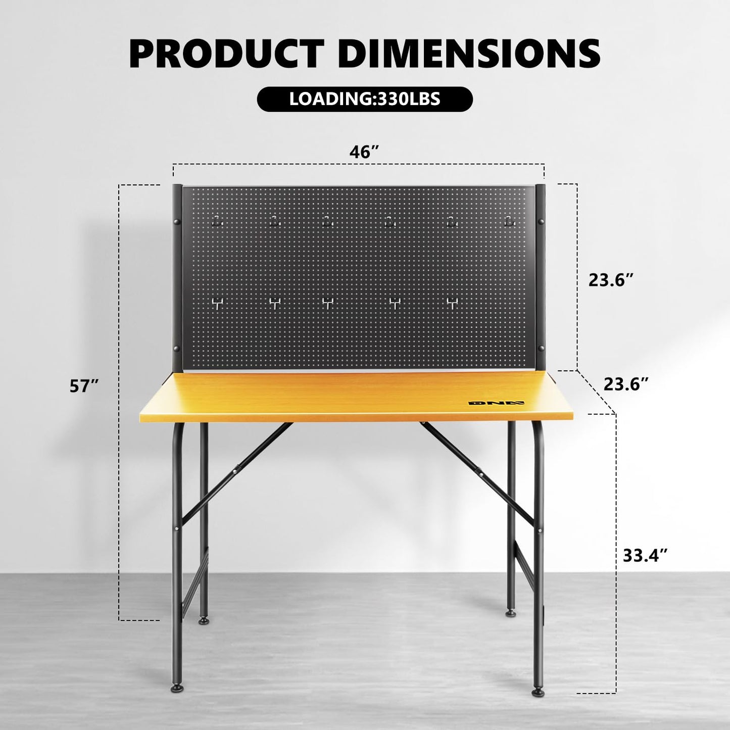 DNA MOTORING 46'' Heavy Duty Work Bench, Hardwood Workbench with Pegboard, Work Table for Garage, Woodworking Shop, Office, Home, w/ 20pcs Multifunctional Hooks, TOOLS-00457