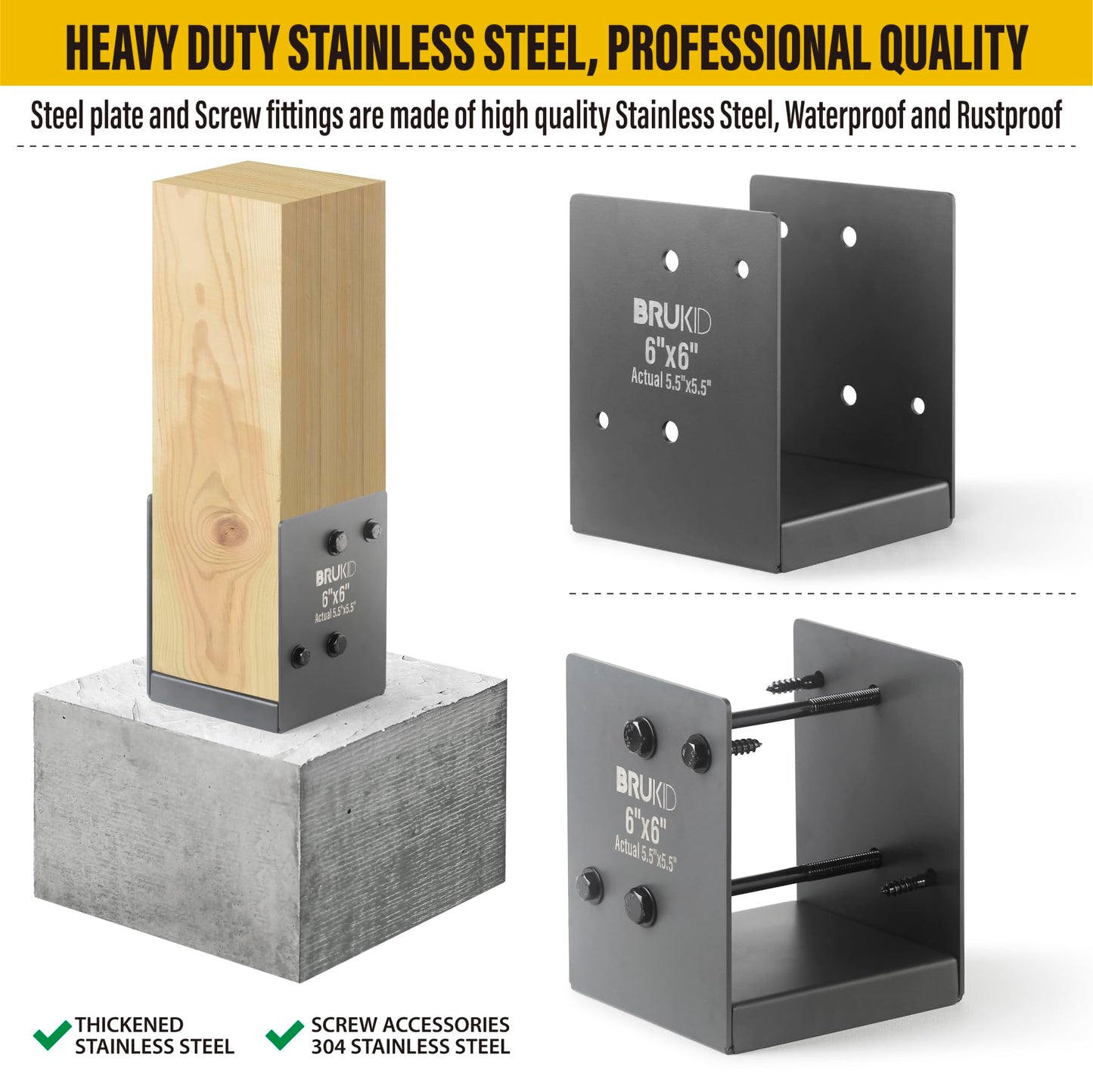 Brukid Stainless Steel 6 x 6 (Actual: 5.5" x 5.5") Deck Post Base, Post Anchor Bracket, Concrete Support Anchor Base for Railings, Fences, Pavilions, Porches (4pack-Dark Gray)