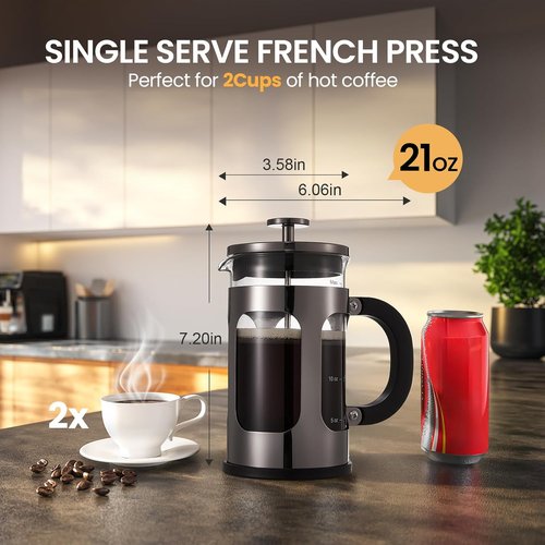 BAYKA French Press Coffee & Tea Maker - 21 Ounce Heat Resistant Borosilicate Glass Brewer | Dark Pewter