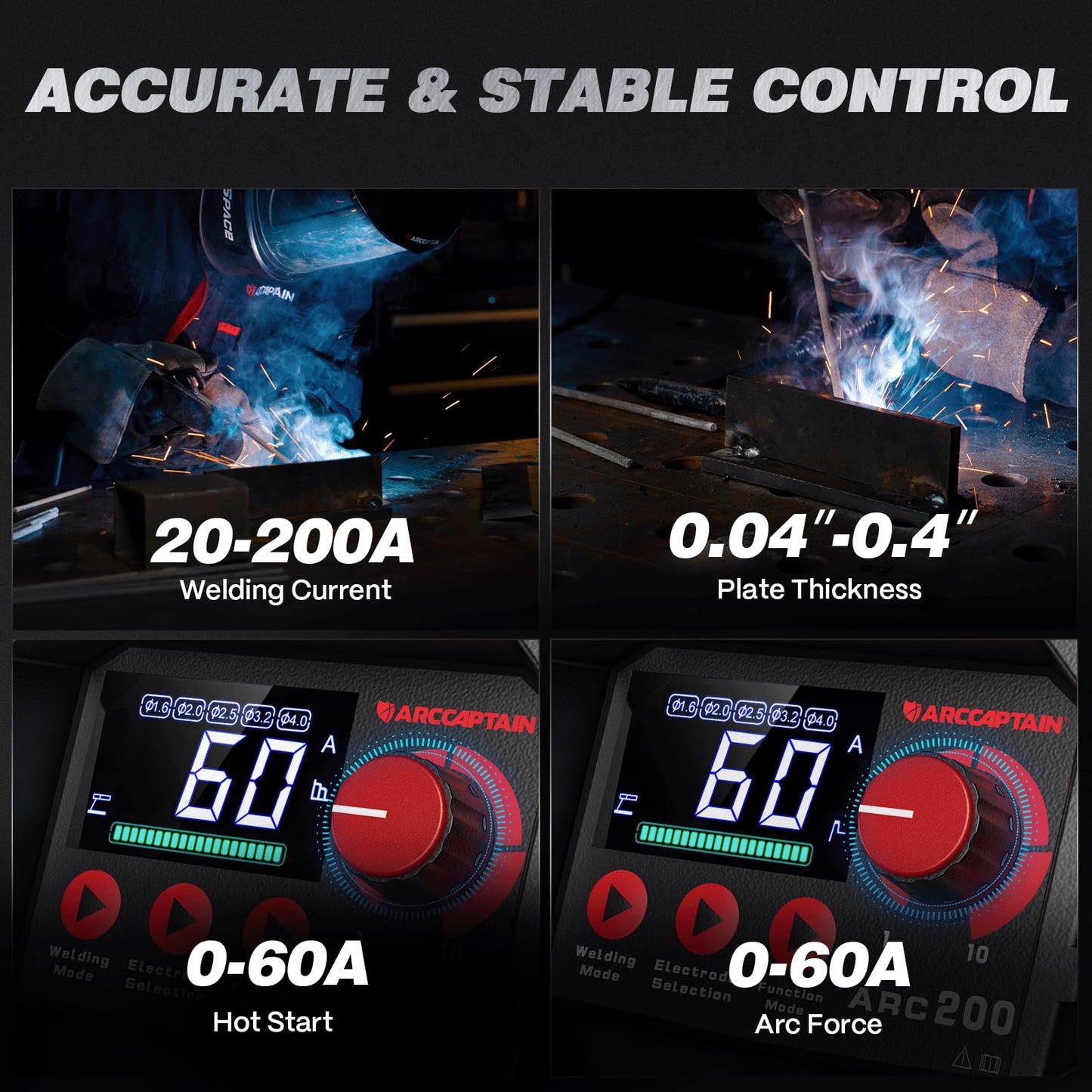 ARCCAPTAIN Stick Welder, [Large LED Display] 200A ARC/Lift TIG Welding Machine with Synergic Control, IGBT Inverter 110V/220V Portable MMA Welder Machine with Hot Start, Arc force and Anti-Stick