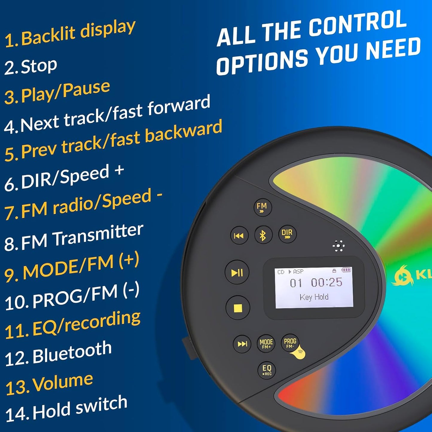 KLIM MP3 Discover with Headphones - Portable CD Player with Long-Lasting Battery - New - Radio FM - Compatible CD