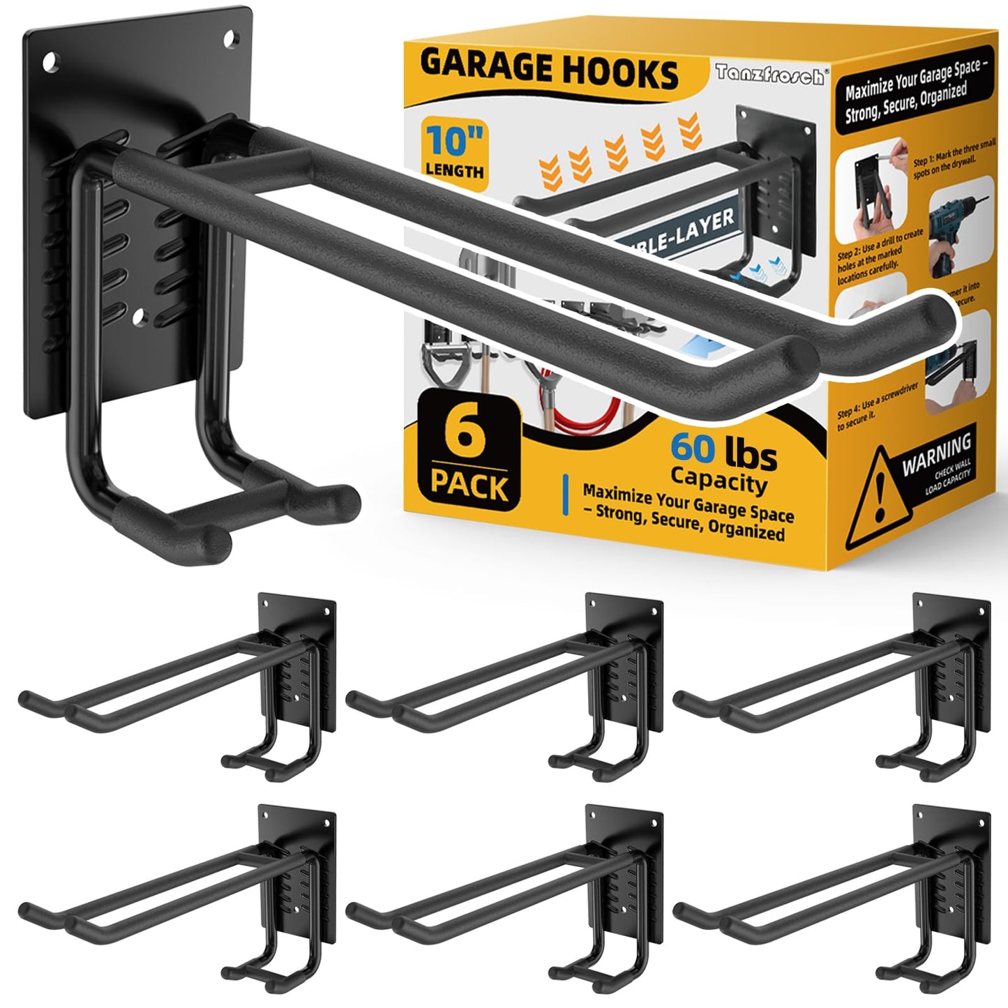 6 Pack Garage Hooks 10 INCH Heavy Duty Two-Tier Steel Shed Wall Mount Workshop Garage Storage Tool Organizer Hooks for Hanging Garden Tool, Hose, Ladder, Chairs, Bikes with Anti-Slip Coating