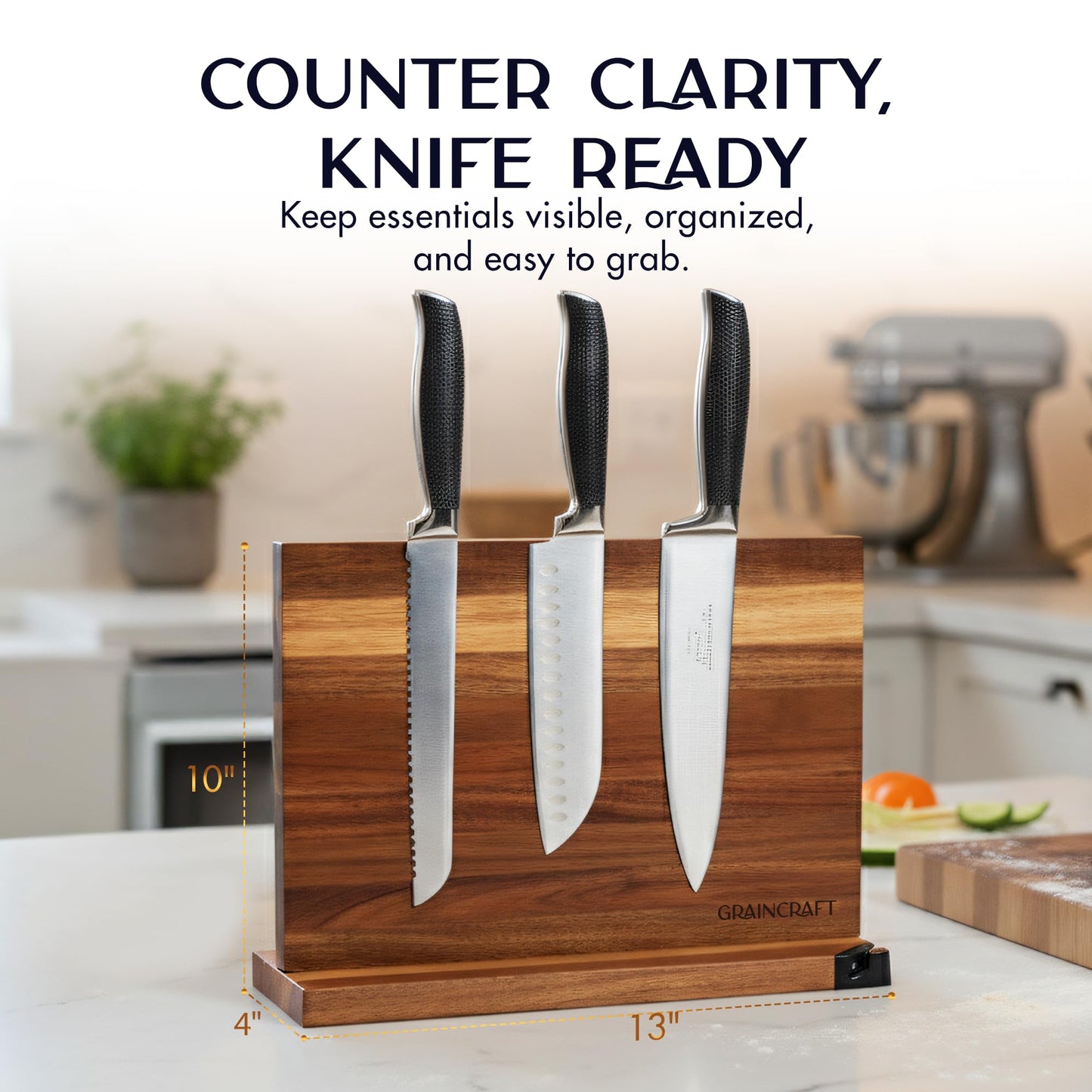 Graincraft Magnetic Knife Block with Sharpener, Countertop Magnetic Knife Holder, 3X Double Sided Magnet Knife Stand, Non-Slip Base, Kitchen Knife Storage Organizer (Acacia)