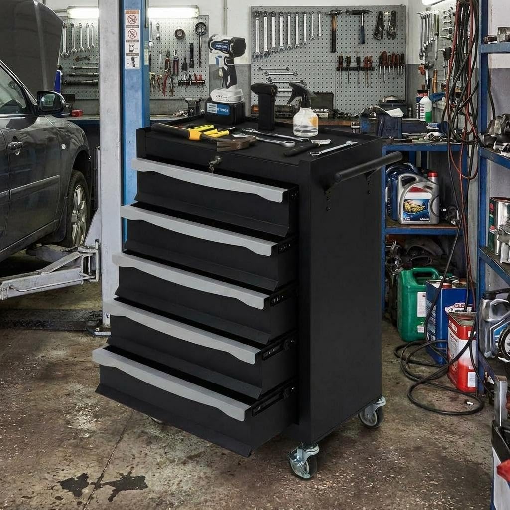 SierraSquad 5-Drawer Rolling Tool Chest with Lock, Tool Cabinet on Wheels, Includes Drawer Liners, Latch System & Link Buckle,Can Be Combined to Large Cabinet Set for Garage Workshop Storage, Black