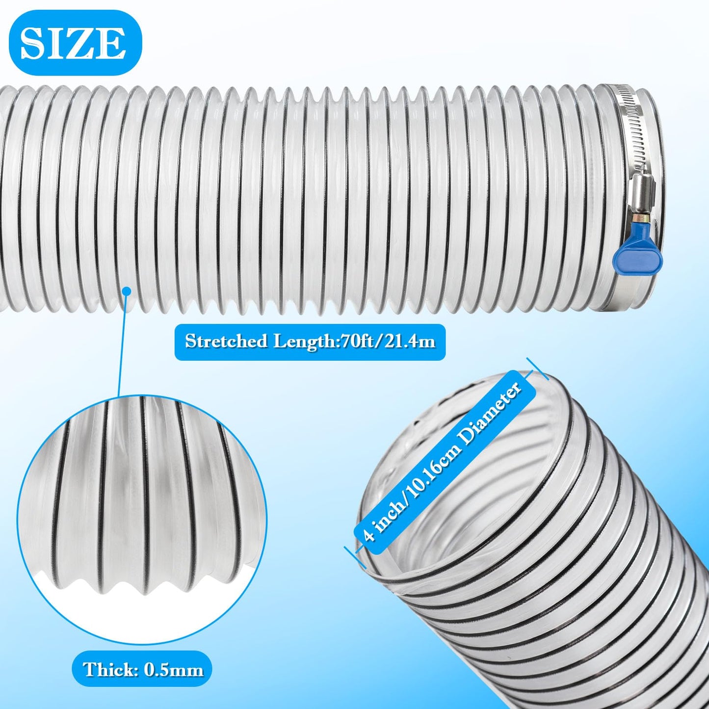 4"x70'PVC Dust Collection Hose,4Inch Dust Collector Hose for Vacuum,Woodworking Dust Collection System,Puncture Resistant Clear Flex PVC Dust Collection Hose Fume Debris Dust Hose w/Carbon Steel Wire