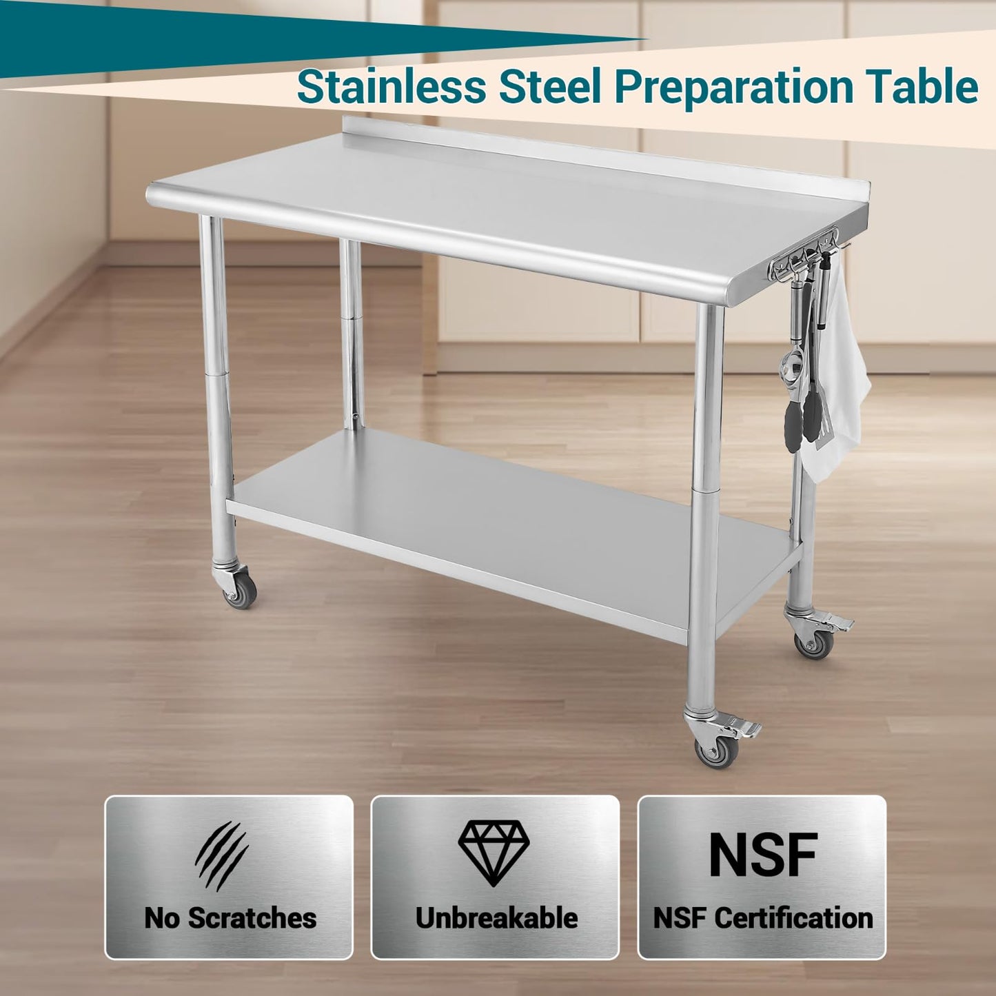 MilleLoom Stainless Steel Work Table with Wheels - 36"x24" Commercial Food Prep Table with Removable Trash Rack & Adjustable Undershelf, Heavy Duty Metal Worktable for Restaurant, Kitchen, Home