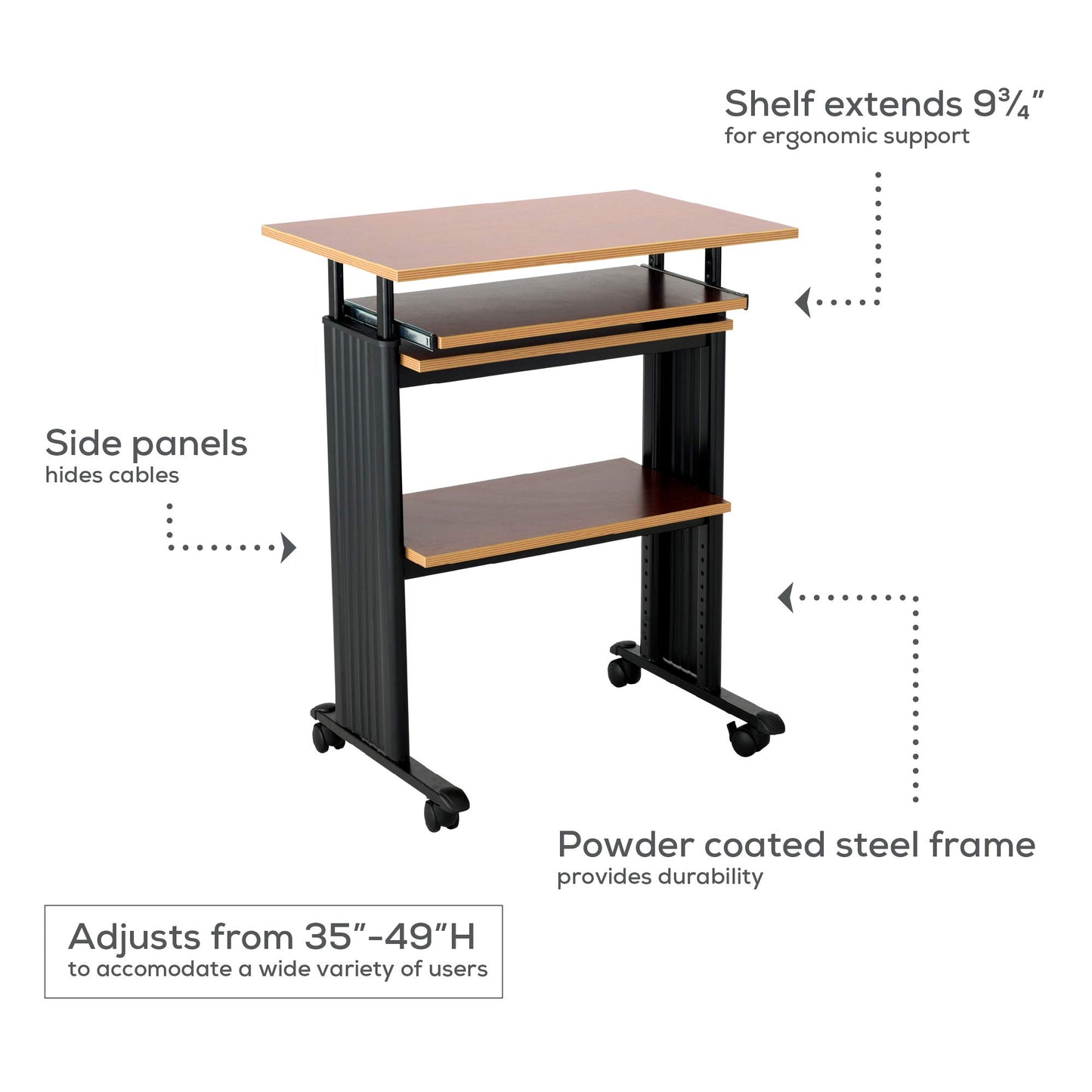 Safco 1929CY MUV Mobile Stand-Up Height-Adjustable Desk,Keyboard Storage, Steel Frame Construction, Durable Melamine Laminate Work Surface, 4 Wheels, Narrow Design