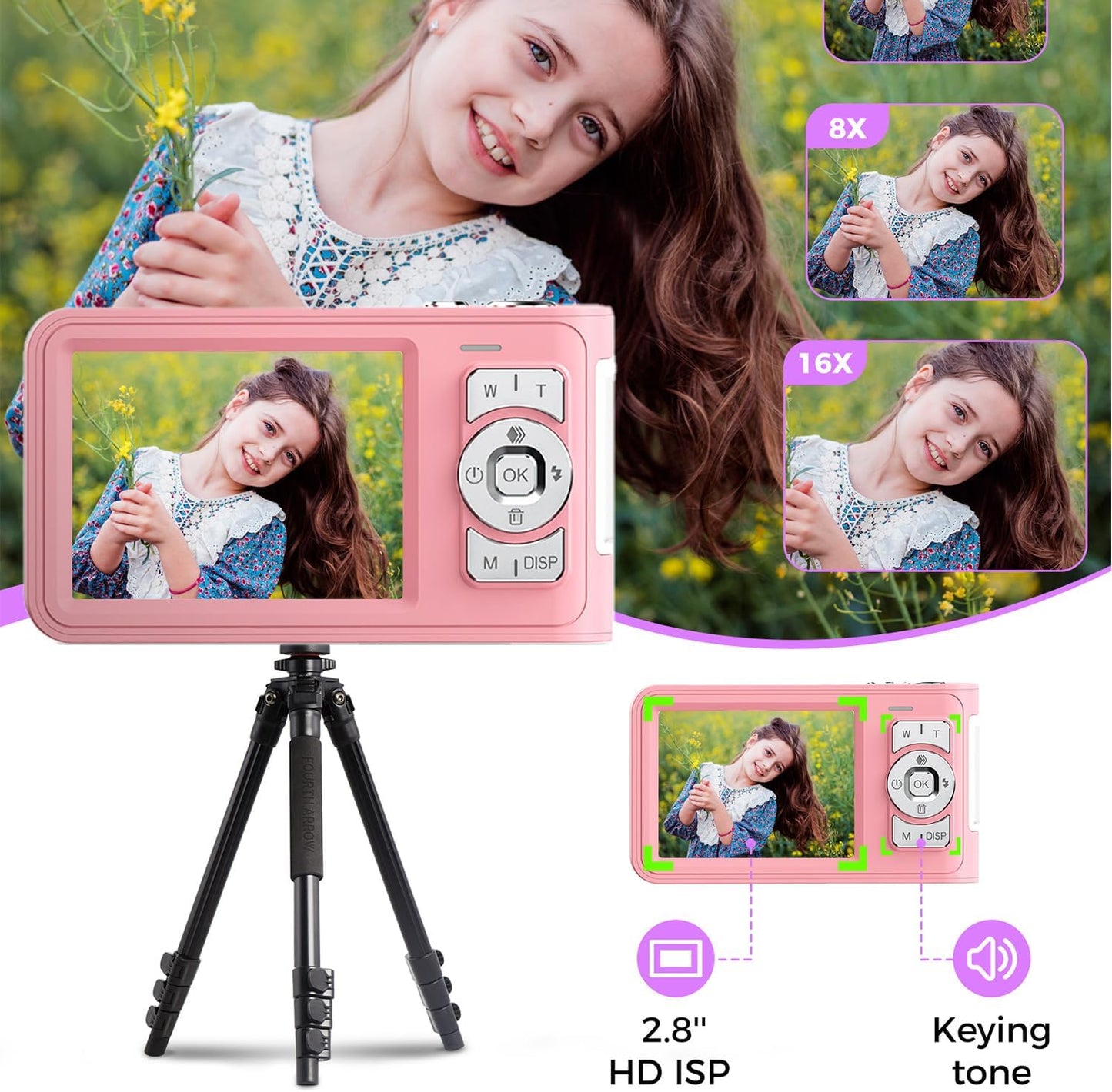 GCORDER 3-18, 50MP 1080P 16X 3-12, 13-18 Digital Camera,Pink Digital Camera for Kids Teens FHD Compact Camera with GB