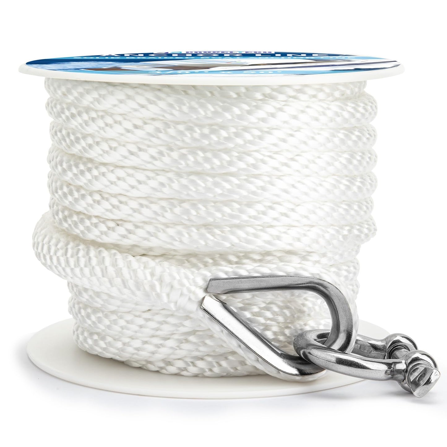 PropelTech Anchor Rope Braided Anchor Line(White, 3/8" x 150') Premium Solid Braid MFP Boat Rope with Stainless Steel Thimble & Shackle, Quality Marine Line, Boat Accessories