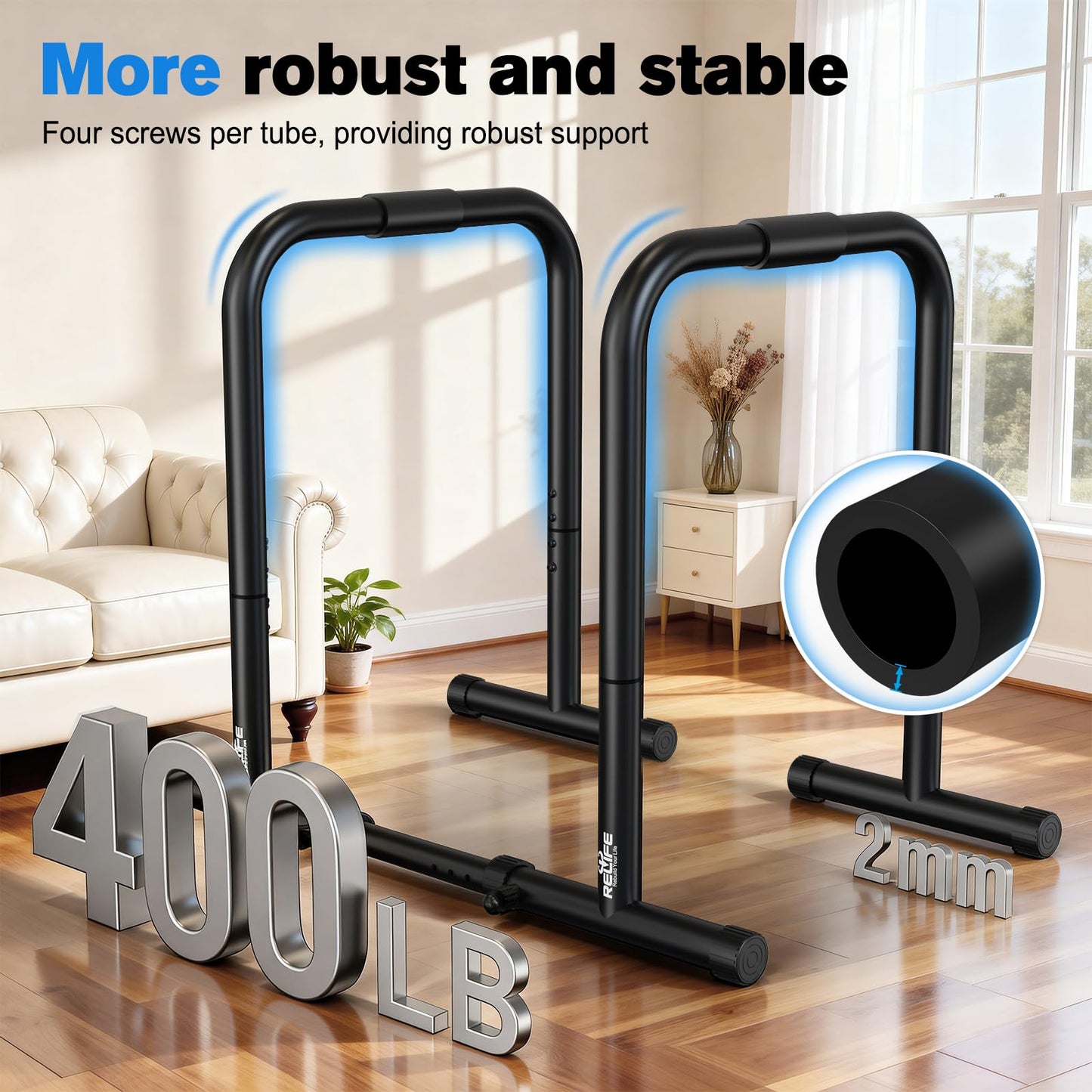 RELIFE REBUILD YOUR LIFE Dip bars &Dip Station Functional Heavy Duty Dip Stands Fitness Workout Dip bar Station Stabilizer Parallette Push Up Stand (Black)