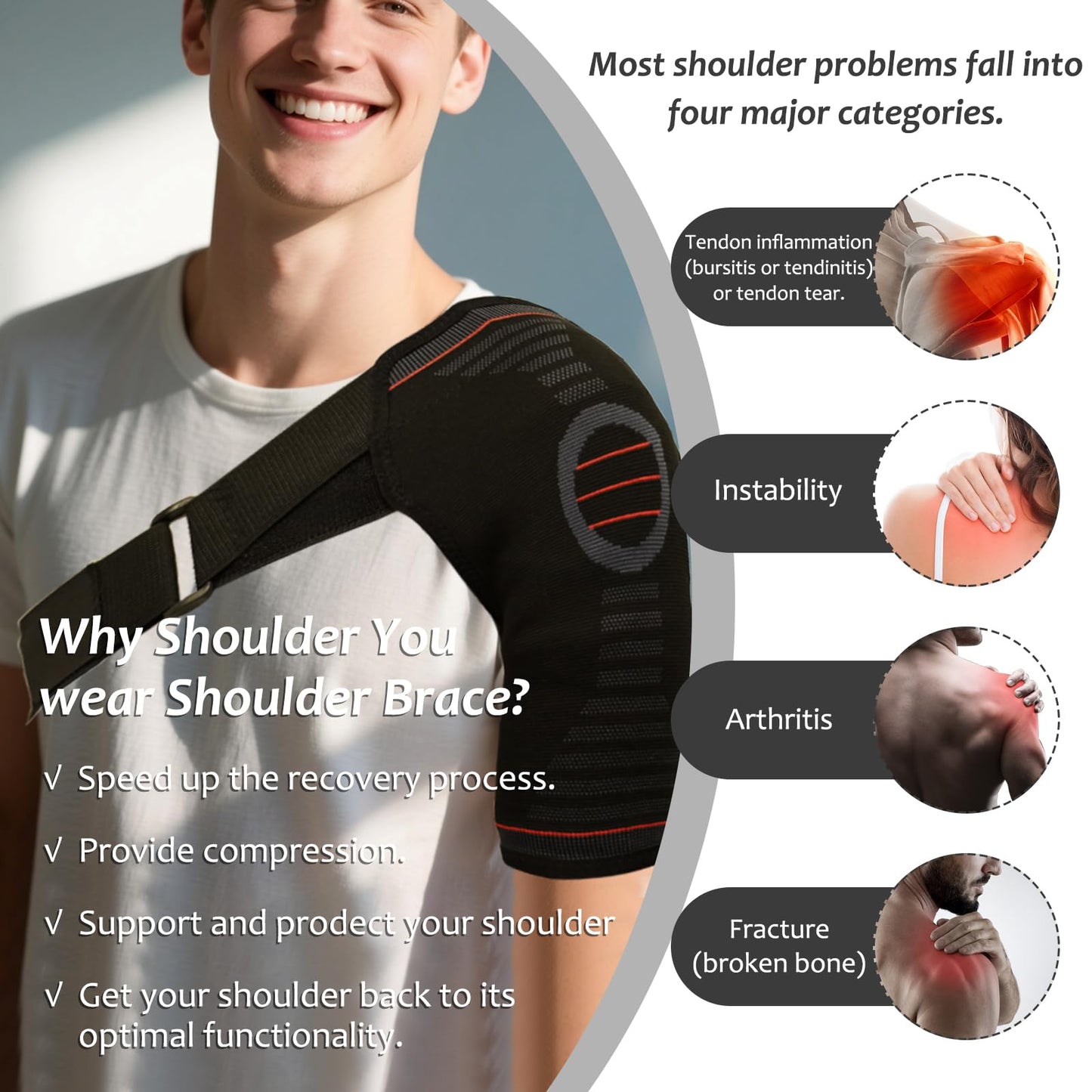 Mzario Shoulder Brace, Rotator Cuff Shoulder Brace for Women and Men, Adjustable Compression Rotator Cuff Support with Storage bag for Spoorts and Pain Relief (Black, S/M)