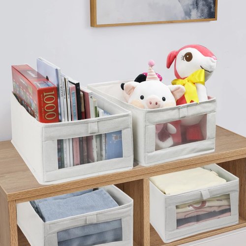 Fordonral Linen Storage Bins - 4 Pack Organizing Containers for Clothing, Toys & Books | Large Baskets with Window