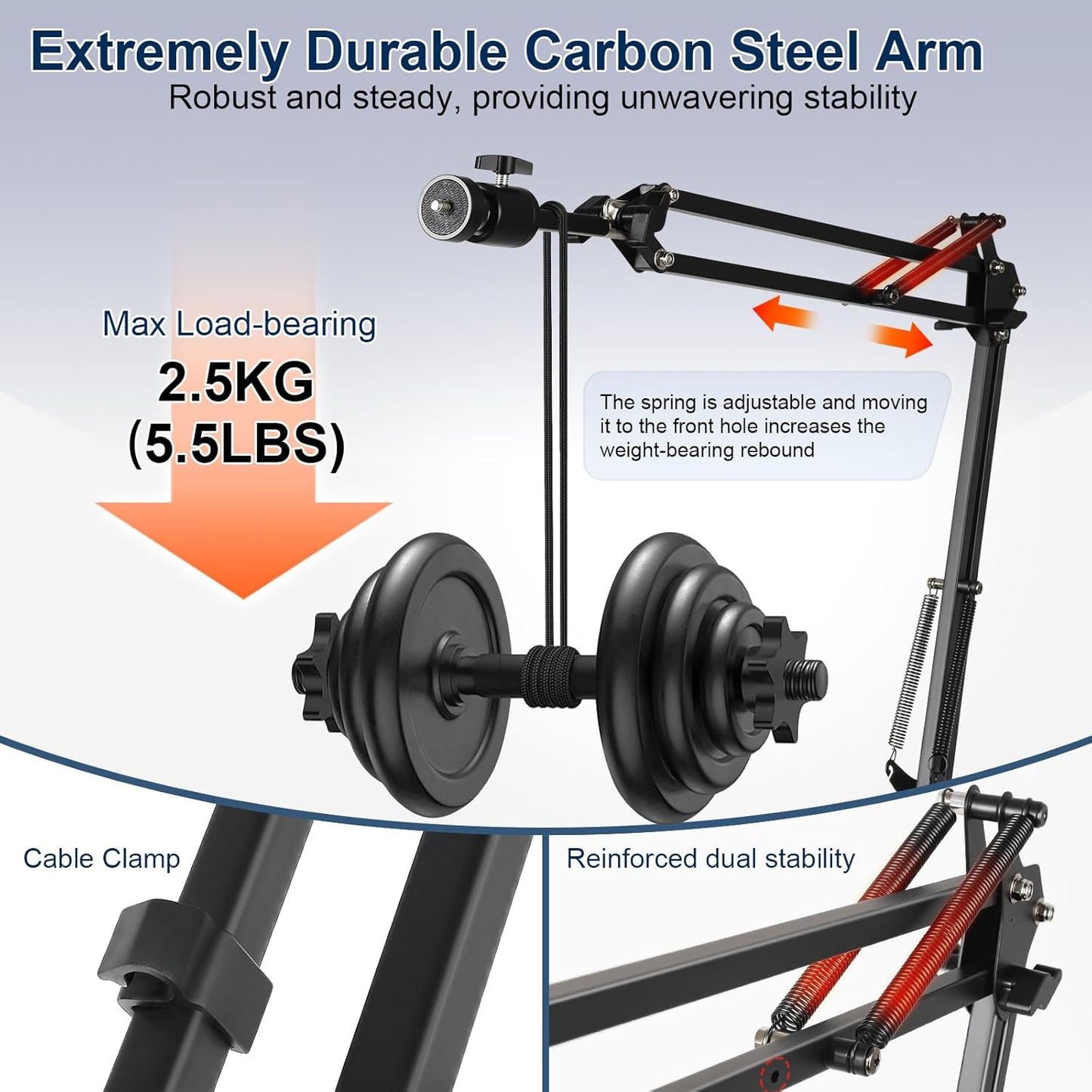 juttilax 360 5lb,Desk Overhead Camera Mount,Camera Desk Mount with Adjustable Arm and Phone Holder,Max Load-Bearing