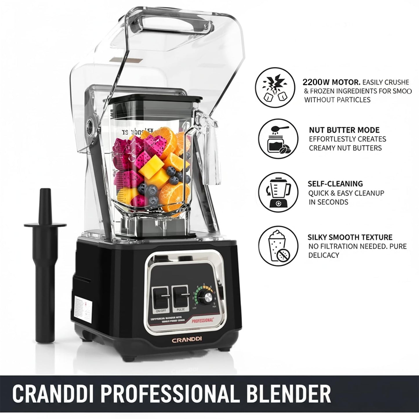 CRANDDI Commercial Blender, 2200W Countertop Blenders with Removable Shield, Quiet Smoothie Blender for Shakes and Ice Crushing, 52oz, 38000 RPM Professional Blenders for Kitchen, K80 (Black)