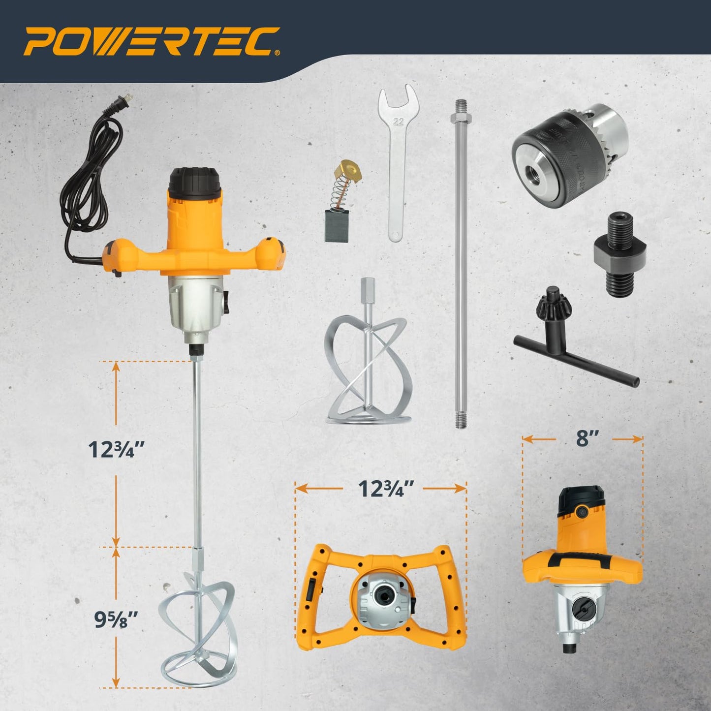 POWERTEC Electric Mortar Mixer – 13AMP/1600W Dual Handheld Cement Mixer with 2-Speed Control, 3-Blade Spiral Paddle & Accessories – Ideal for Mortar, Concrete, Epoxy & Paint (MR1680)