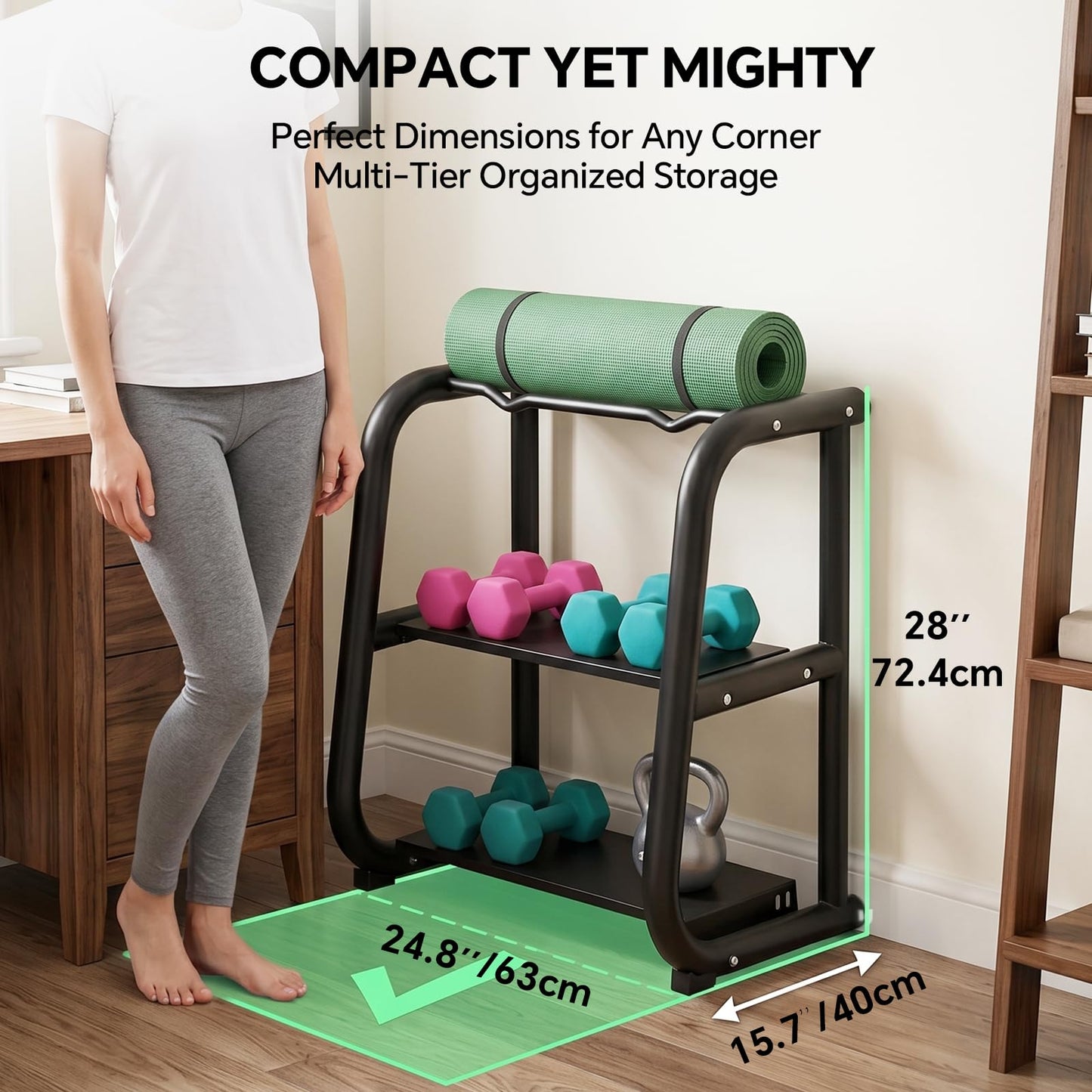 Home Gym Storage Rack, 3-Tier Heavy Duty Workout Equipment Organizer for Dumbbells, Kettlebells, Yoga Mats & Fitness Gear - Multi-Purpose Weight Rack for Garage and Home Gym Organization