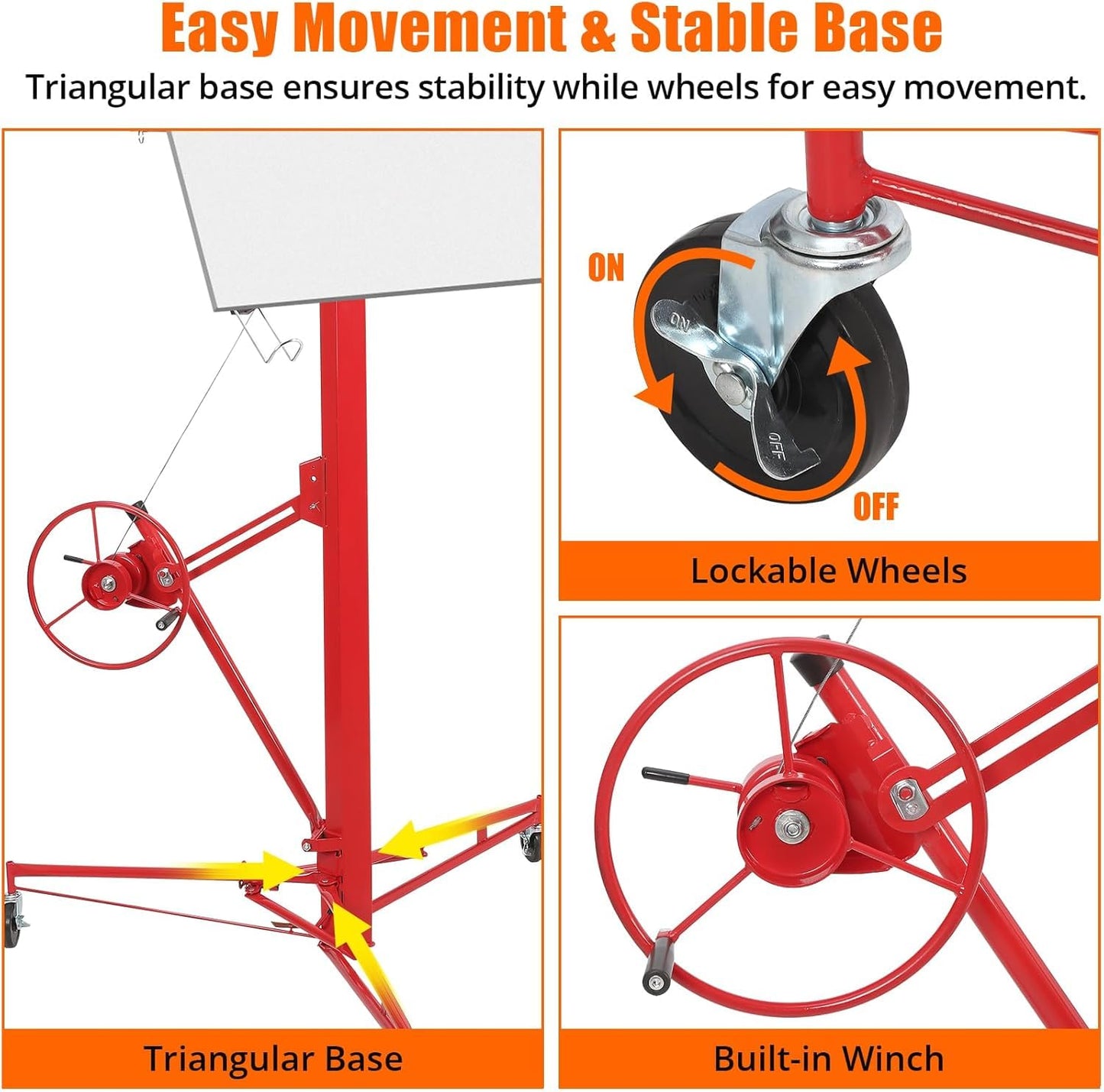 Drywall Lift 16FT, Drywall Jack Lift for Ceiling, Adjustable Panel Hoist, 150LBS Heavy Duty Drywall Lifter, 3 Lockable Wheels Foldable Sheetrock Lift for Home Improvement, Red