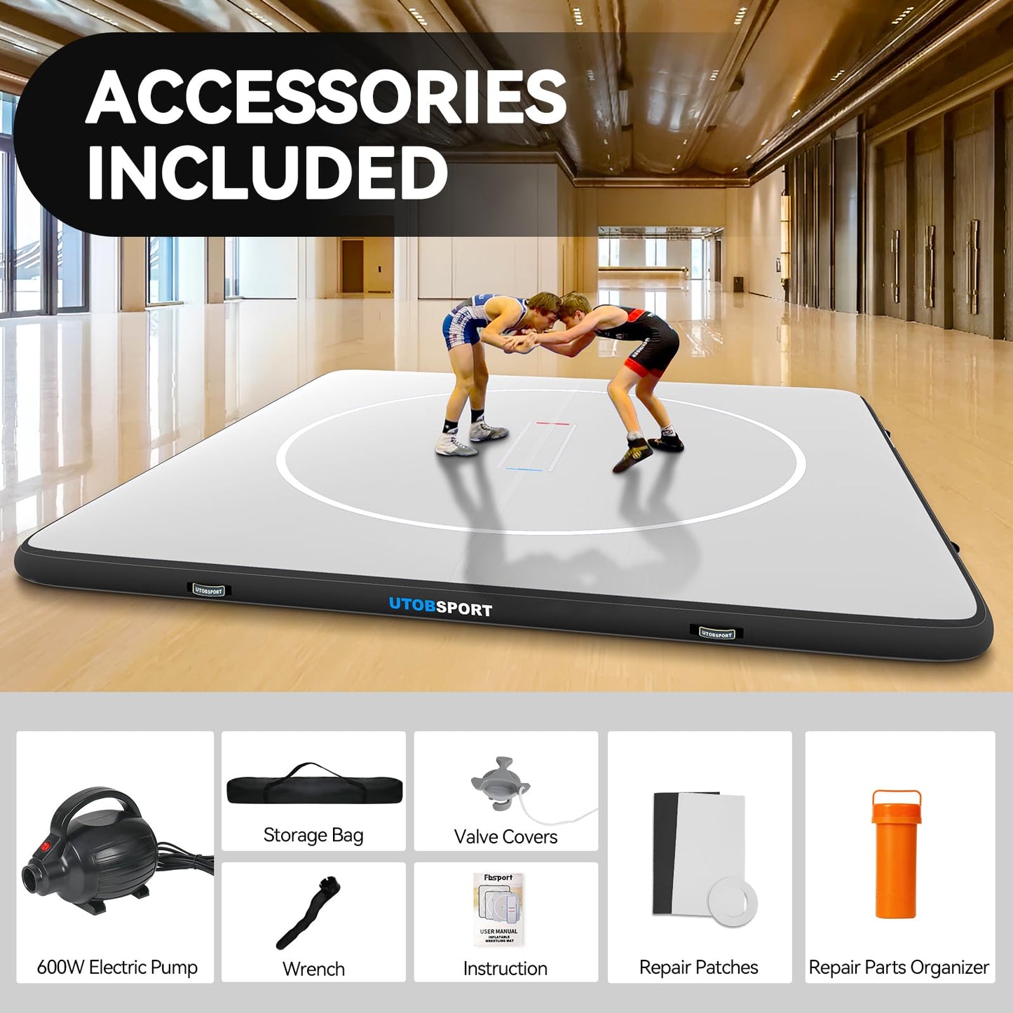 Inflatable Wrestling Mat 10x10FTx6"Thick, Jiu Jitsu Mats, PVC Landing Training Mat Foldable for Home Gym BJJ, MMA, Martial Art, Boxing, Grappling and Judo (Grey Black)