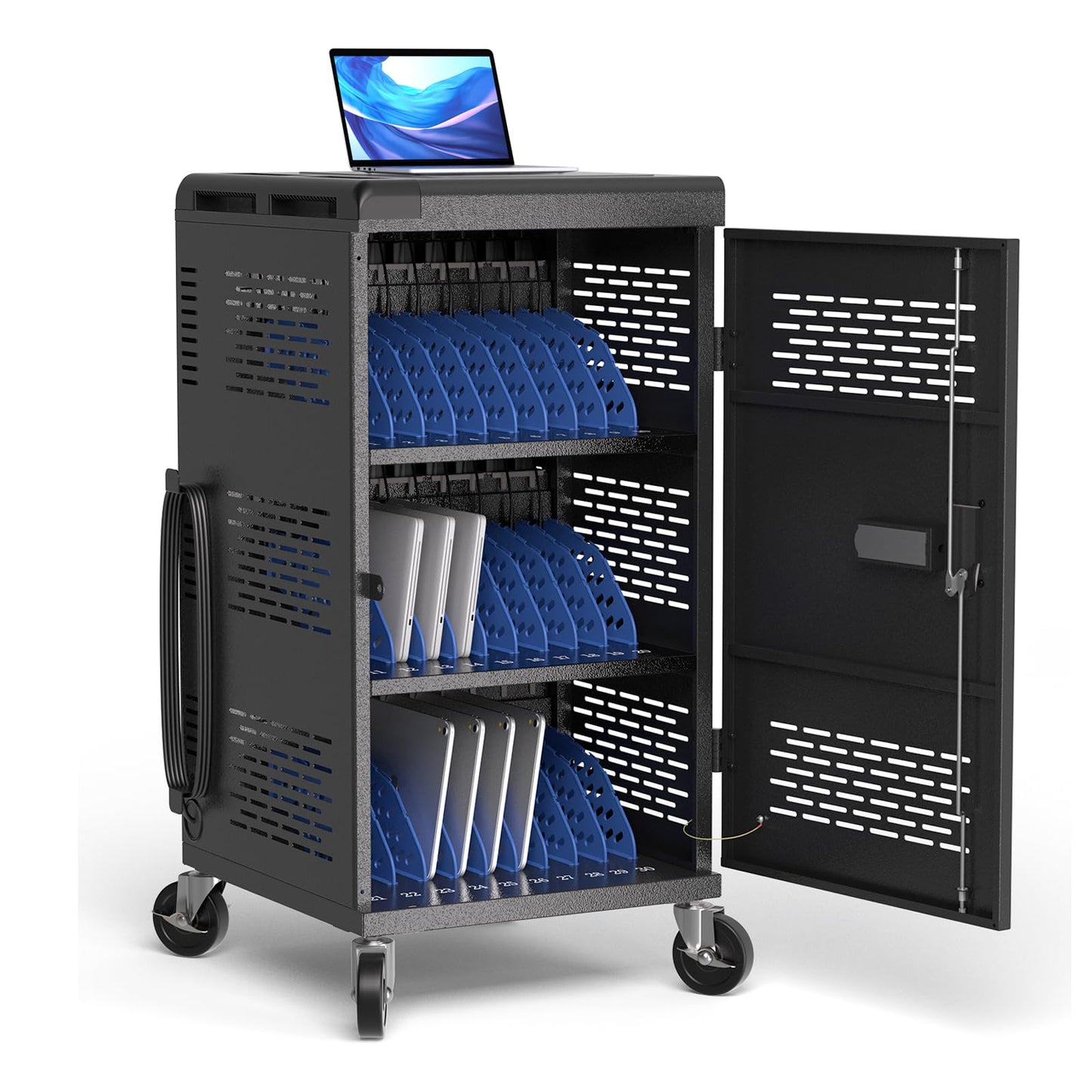 Fully Assembled 30 Unit Device Charging Station for Chromebook, iPad, 14'' Laptop - Pre Built Charging Cart with Charger Cable Management, Circuit Breaker, Grounding Protection (Black)