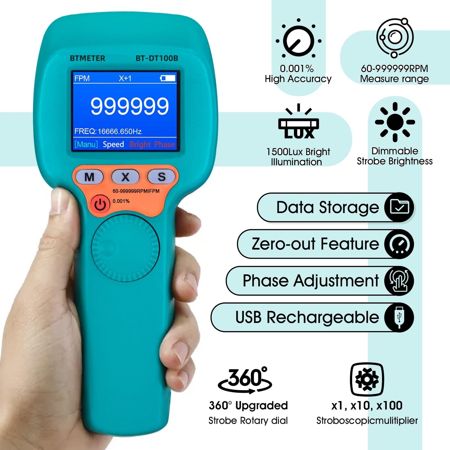 BTMETER Stroboscope Strobe Light Tachometer Non Contact Measure 60-999999 RPM/FPM Velocity Hz with 0.001% Accuracy, Handheld Speedometer Gun DT100B for Car Engine Gear Motor Troubleshoot