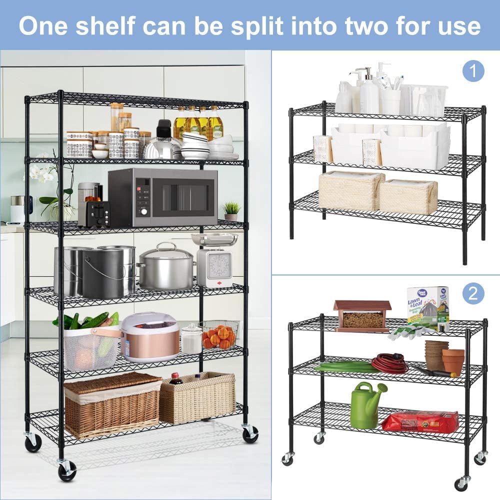 Generic 6-Tier Storage Shelves Wire Shelving with Wheels Heavy Duty Metal Shelves Tall Steel Shelving Units Adjustable 6000lbs Capacity Rolling Shelf Racks for Restaurant Garage Pantry Kitchen, Black