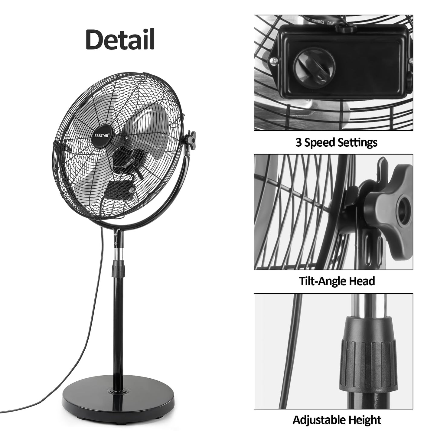 BEESTAR 18 Inch Heavy Duty High Velocity Pedestal Fan,Industrial Standing Fan with Adjustable Height and Tilt,3-Speed,Metal for Industrial, Commercial, Residential, Greenhouse,Black