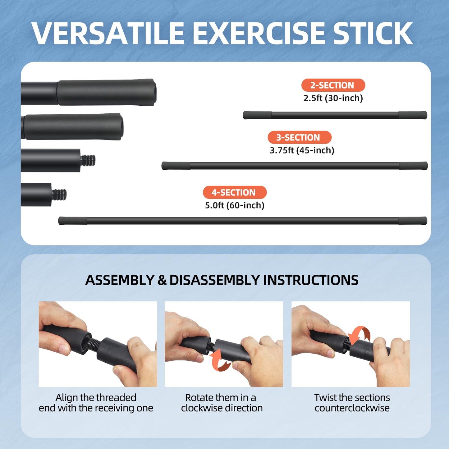 Adjustable Yoga Stick (30/45/60 in), Fully Foam-Sleeved Steel Stretching & Mobility Stick with Exercise Guide, Portable Fitness & Rehab Tool, Carry Bag Included
