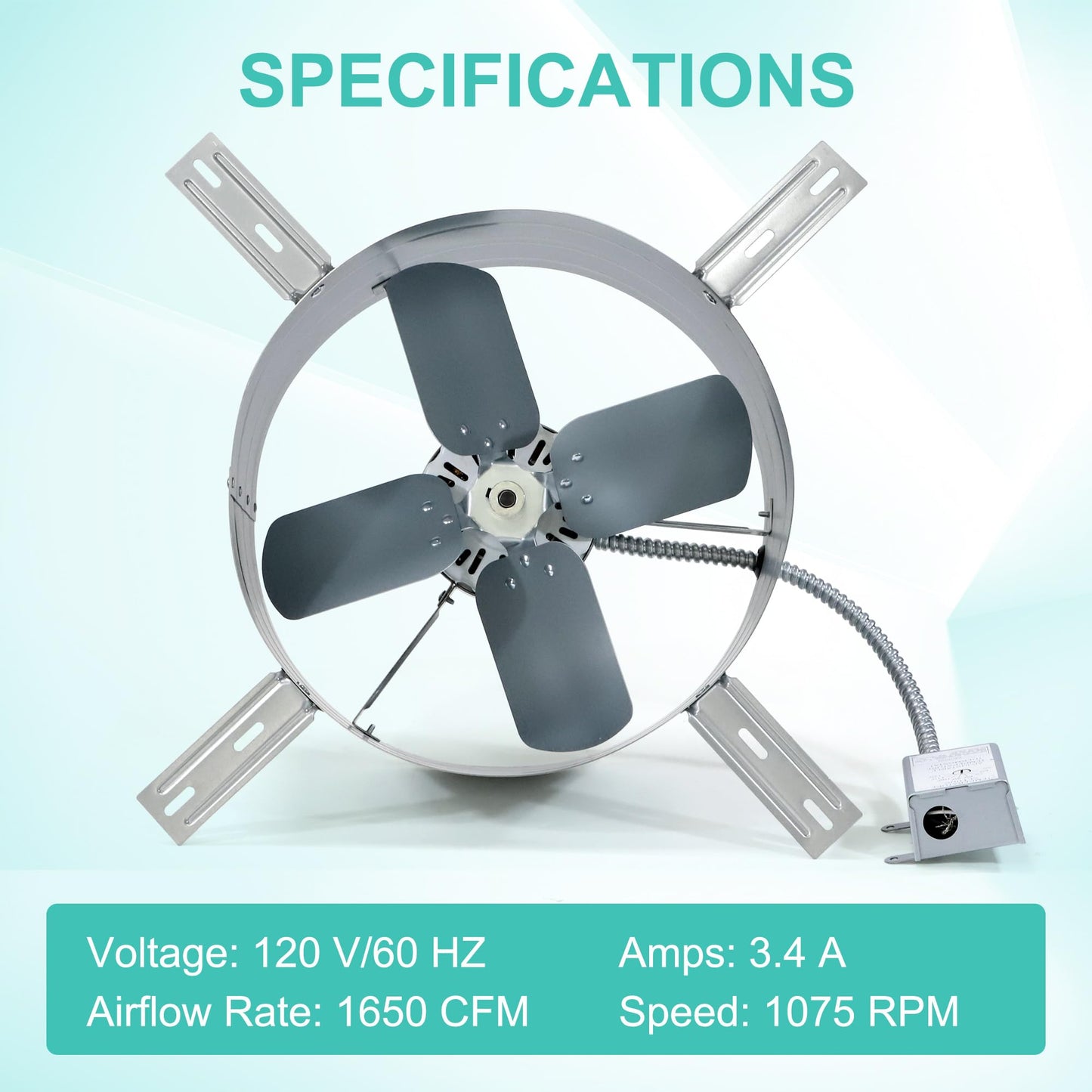Hipoilk Gable Mount Power Attic Fan with Adjustable Thermostat, 15 Inch Attic Exhaust Fan, 1650 CFM, 1075 RPM, 3.4 Amp