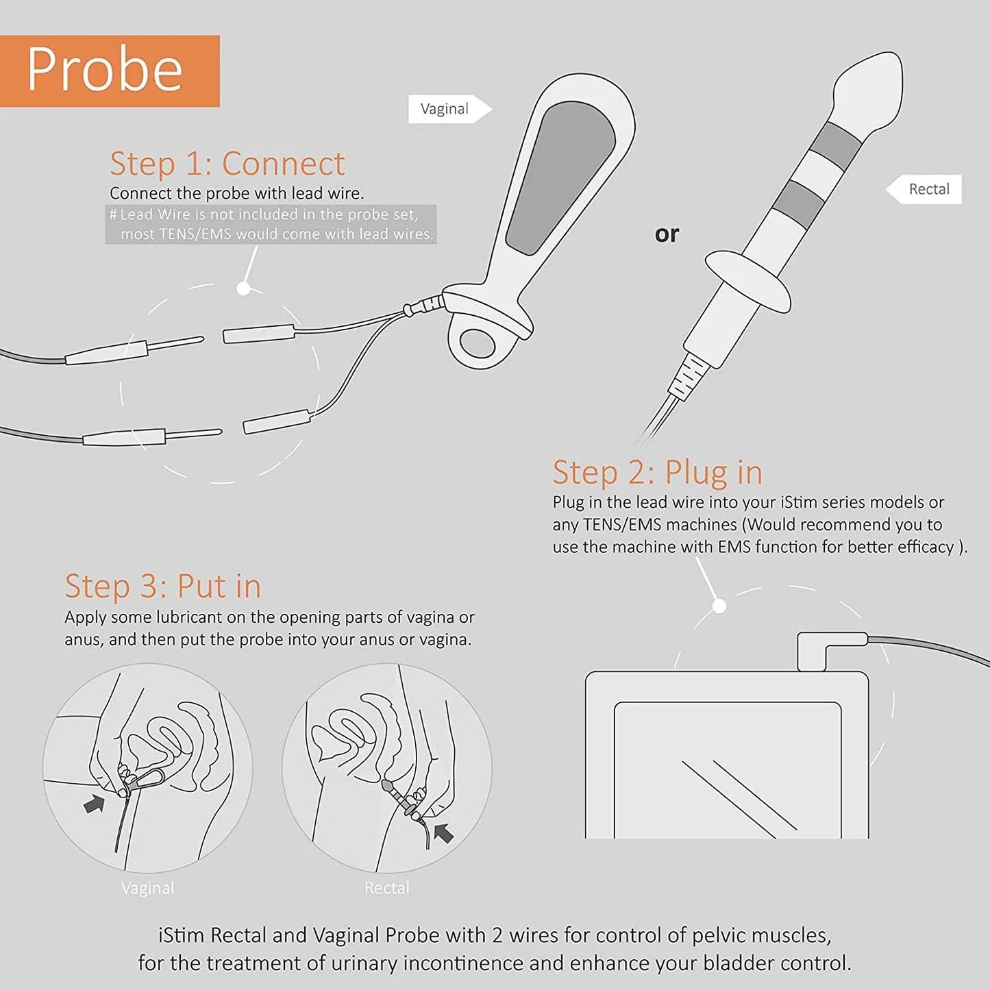 iStim PR-02 Probe for kegel Exercise, Pelvic Floor Electrical Muscle Stimulation, Incontinence - Compatible with Incontinence EMS Machine