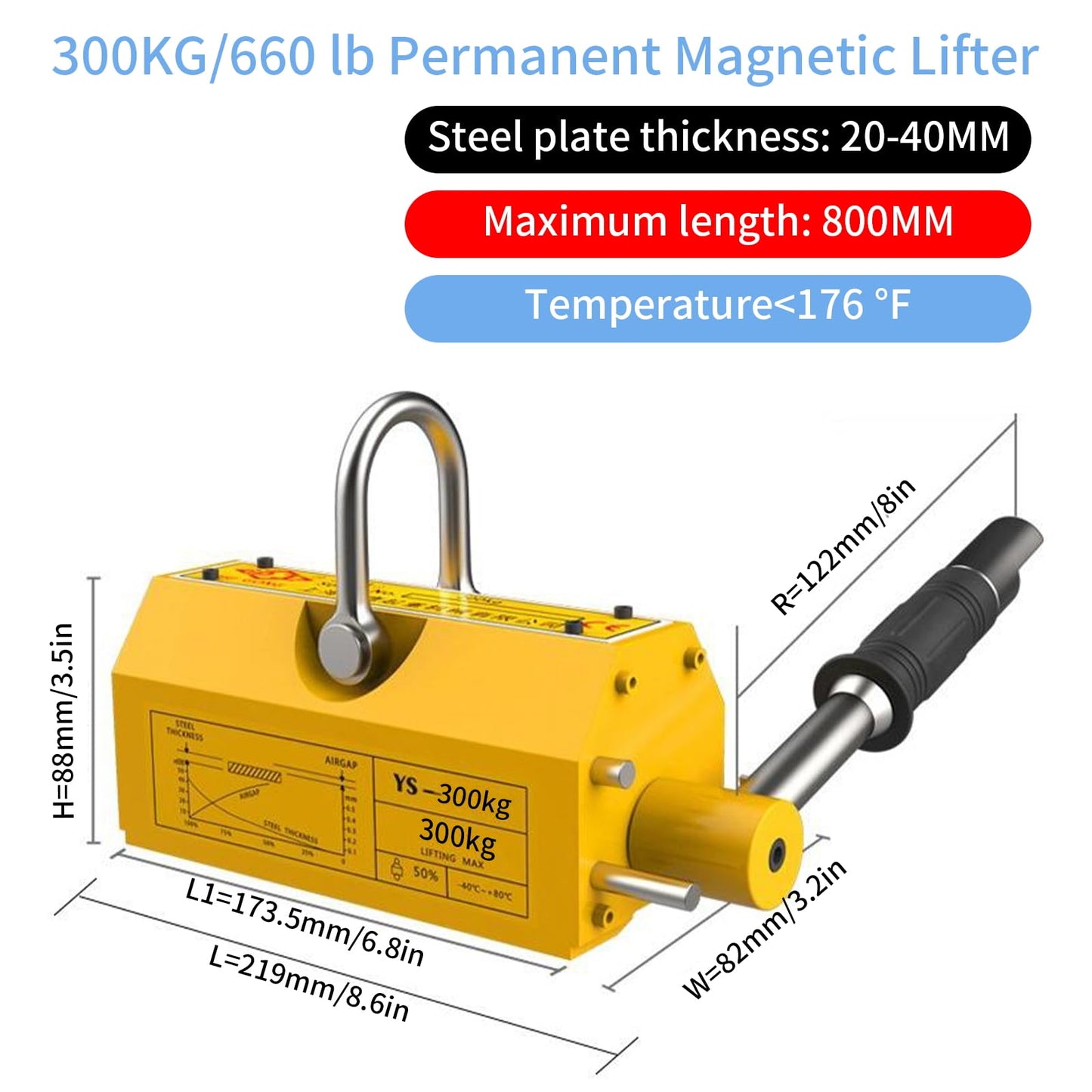 Permanent Magnetic Lifter, 660 lb/300kg Pulling Capacity, Strong Neodymium Magnets Lifting Magnet with Release Handle and Steel Hook for Lifting Plate Steel, Board, Used in Shop Crane, Hoist, Board