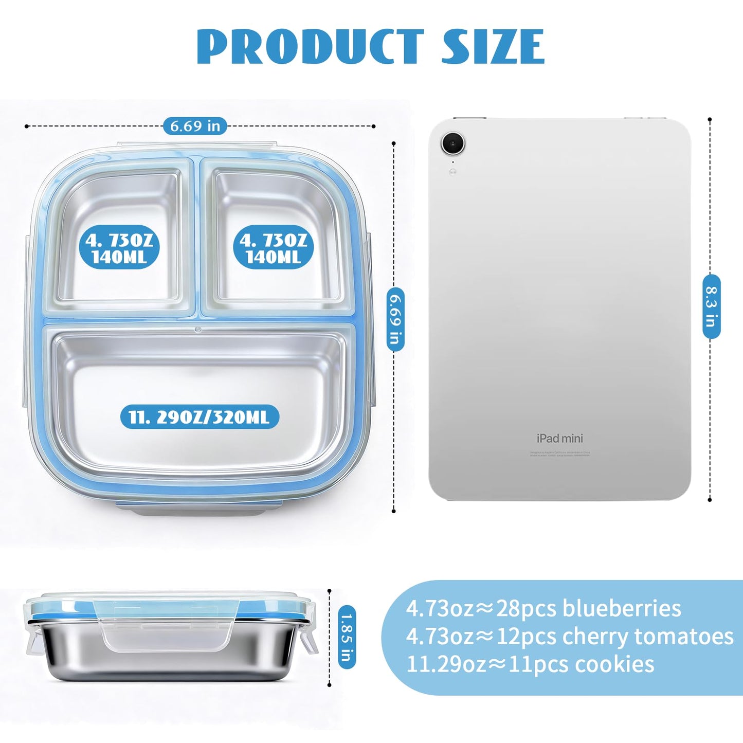 DOCMON Stainless Steel Snack Containers, 3 Compartments Reusable on and go Bento Box with Lids for Kids, Lunch Box Pre Meal Storage for School Office Outdoor Camping Travel - Blue