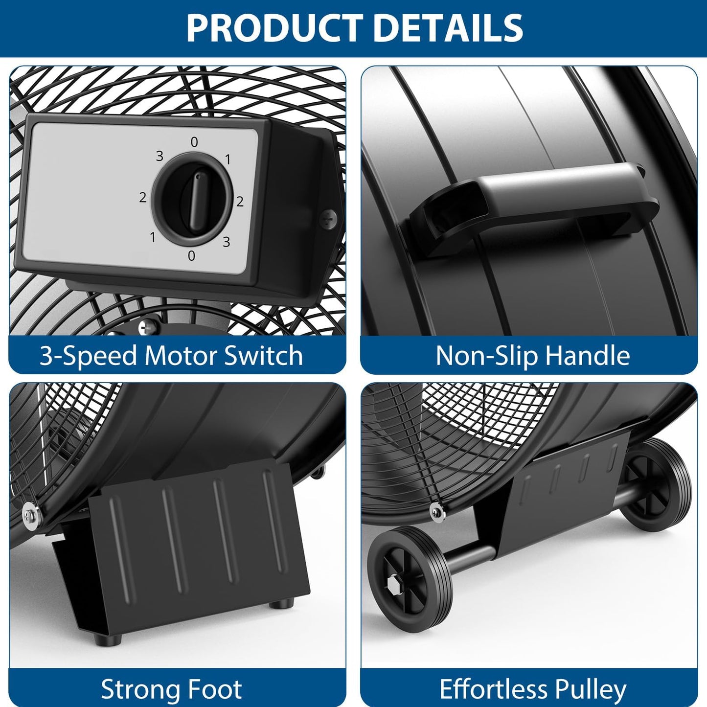 EliteEdge 30 in Industrial Drum Fan, High Velocity Floor Fan 3-Speed, Heavy Duty Metal Air Circulator with Caster Handle for Patios, Warehouses, Commercial, Factories and Workshops